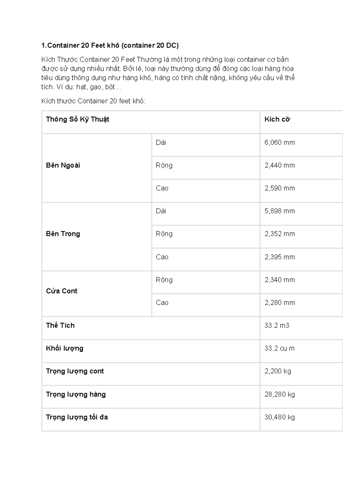Kích Thước Các Loại Container 20 Feet và 40 Feet - SFS - Studocu
