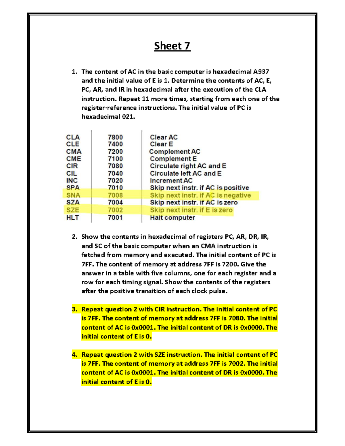 Sheet 7 - Basic Computer Register Operations and Instructions Analysis ...