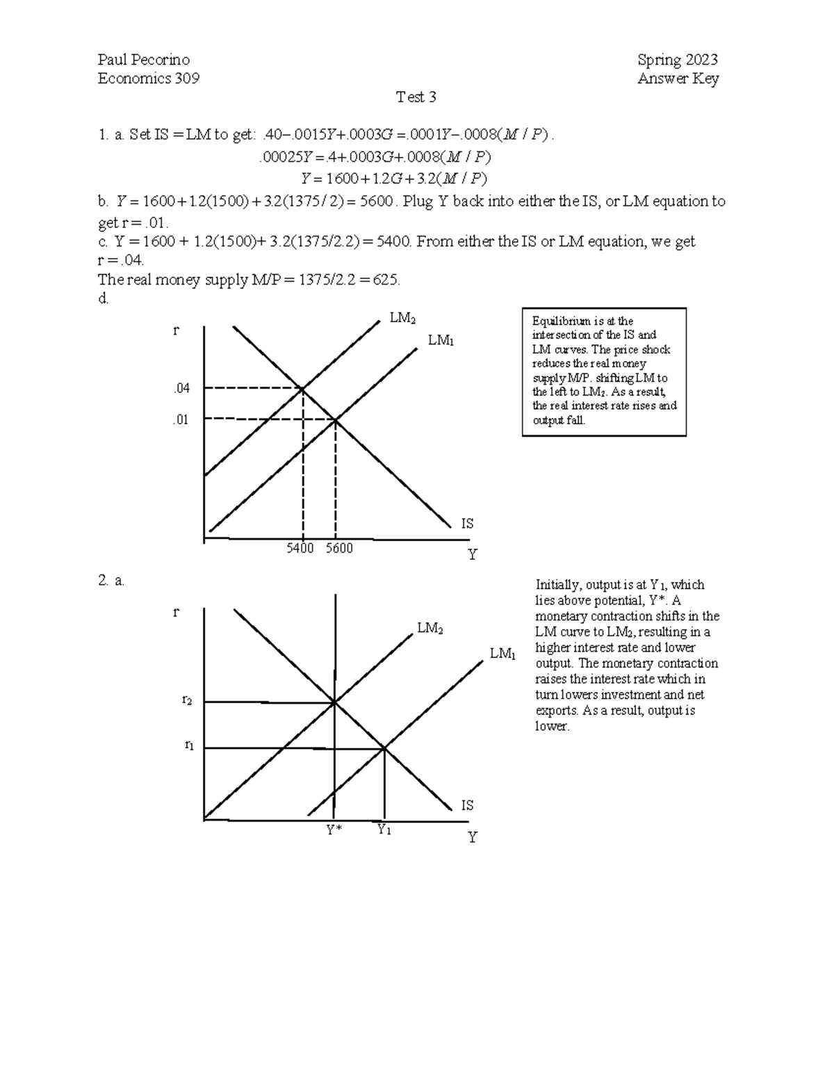 Key 3 Spring 2023 EC309 - EXAM 3 ANSWER KEY - Paul Pecorino Spring 2023 ...