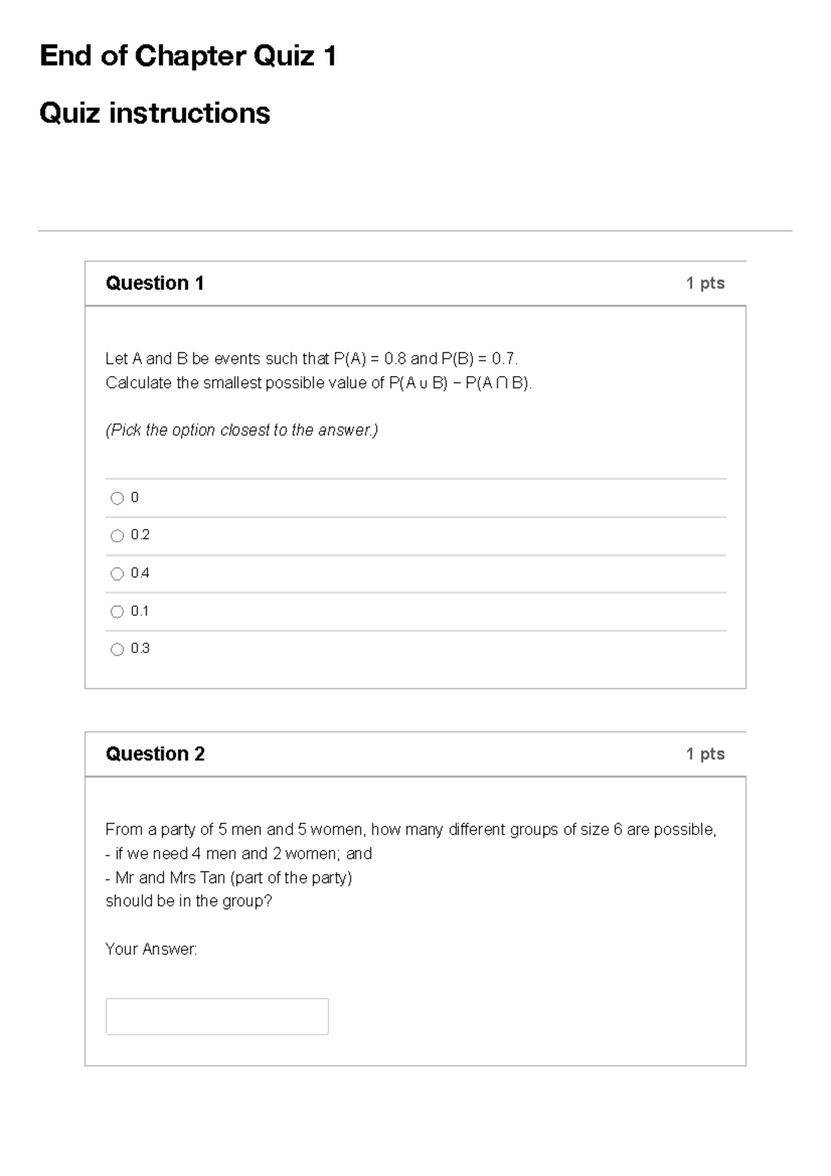 End of Chapter Quiz 1: Probability and Combinatorics Questions - Studocu