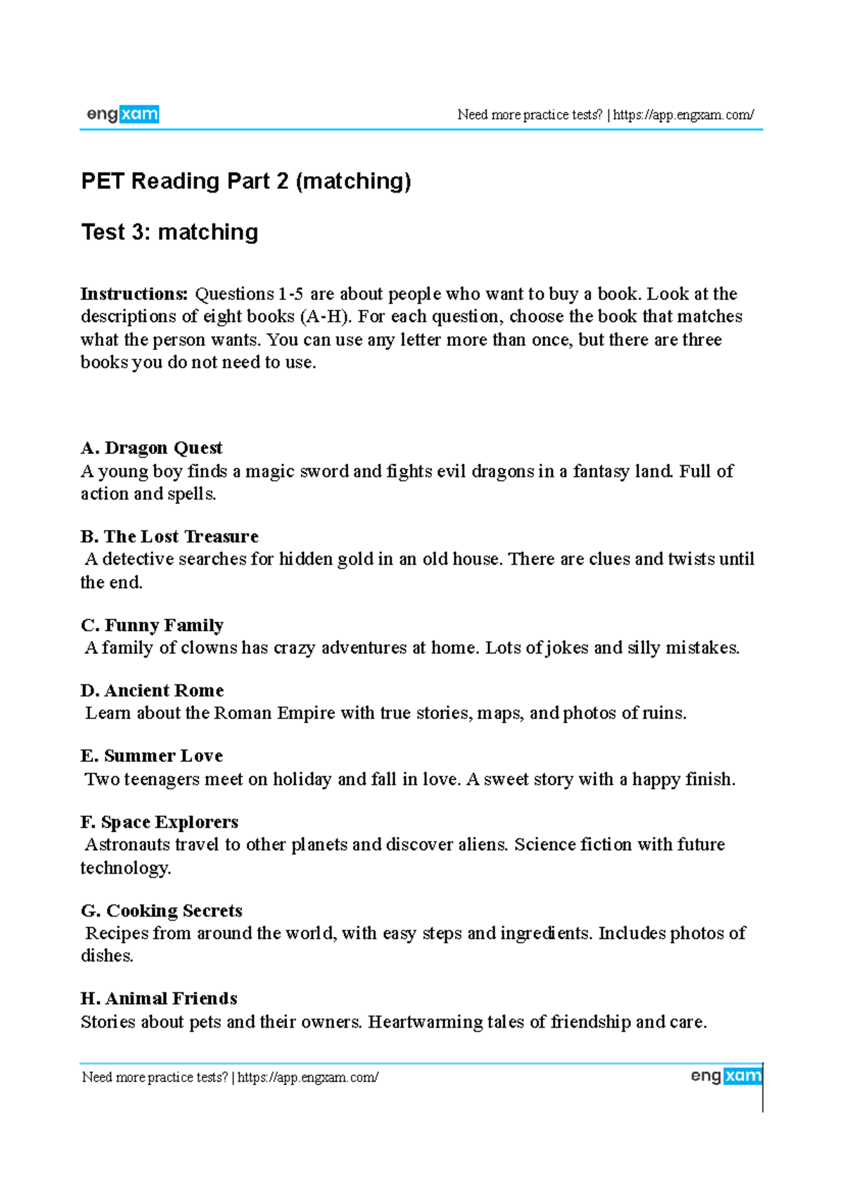PET Reading Part 2: Practice Test 3 - Matching Exercise - Studocu