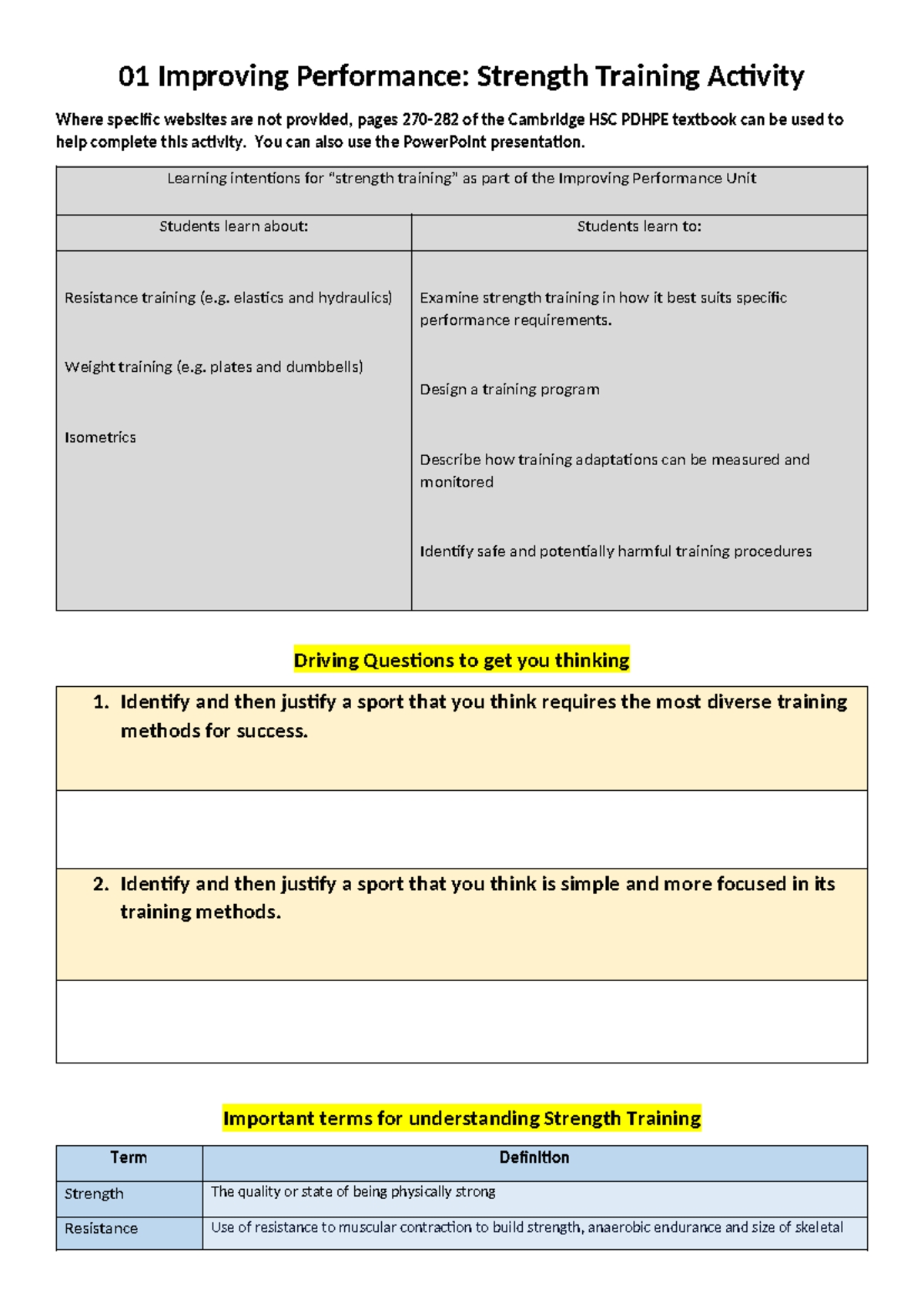 01 Option 1 - Improving Performance - Strength Training Worksheet - 01 ...