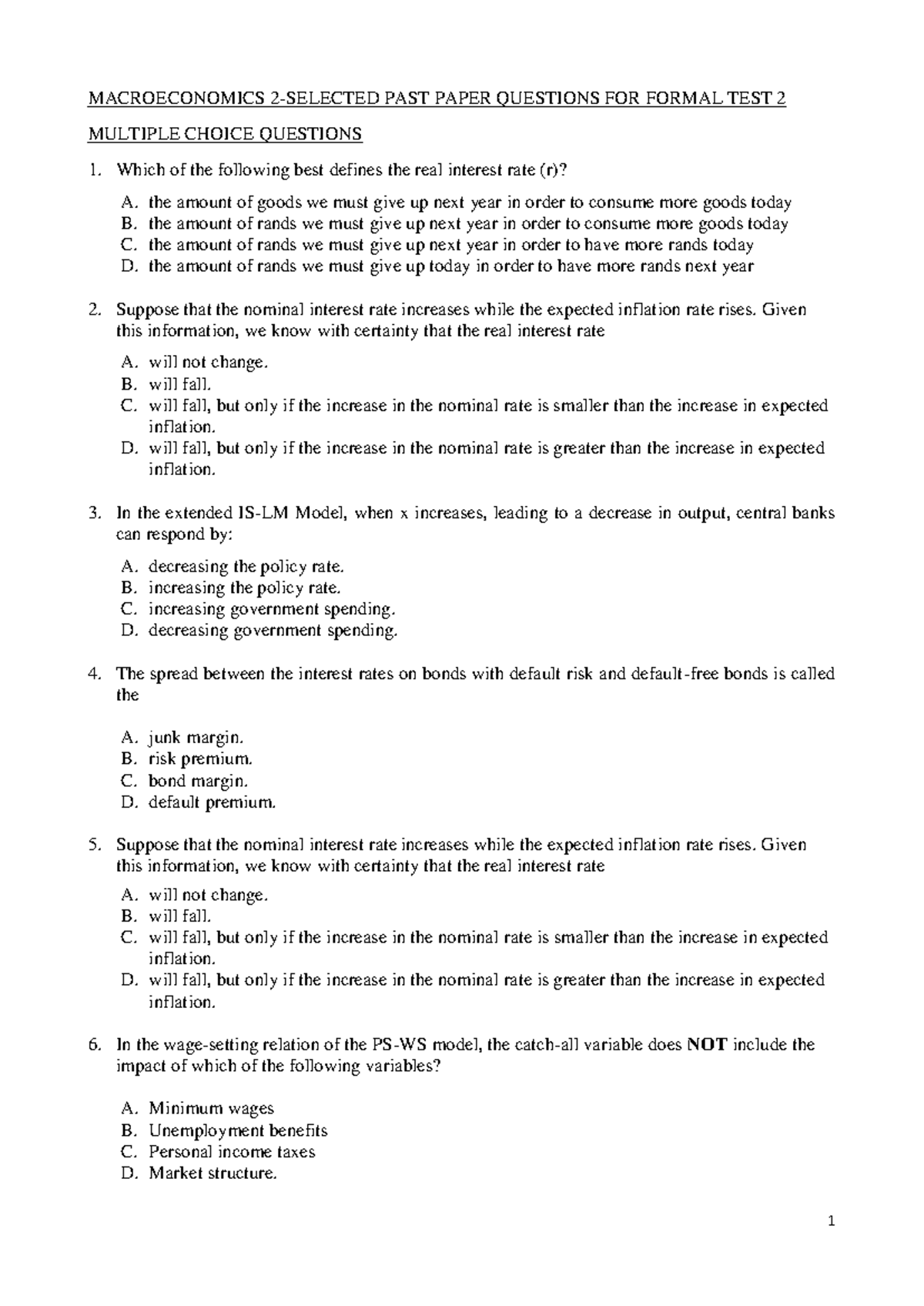MACROECONOMICS TEST 2 PRACTICE QUESTIONS - MULTIPLE CHOICE - Studocu