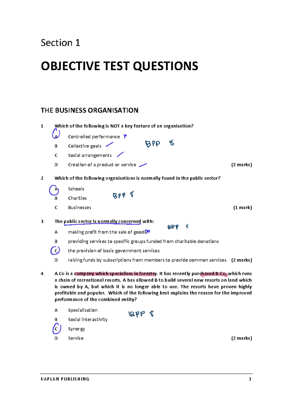 BUS 101 Final Exam: Objective Test Questions on Business Organisation ...