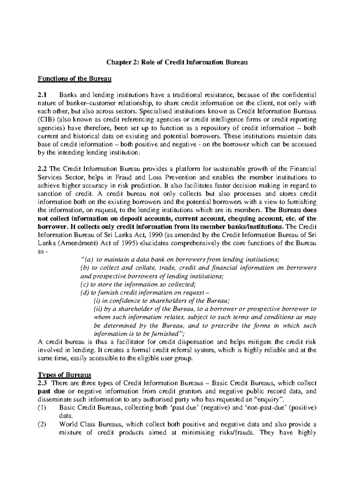 9606 - Chapter 2: Functions of the Credit Information Bureau - Studocu