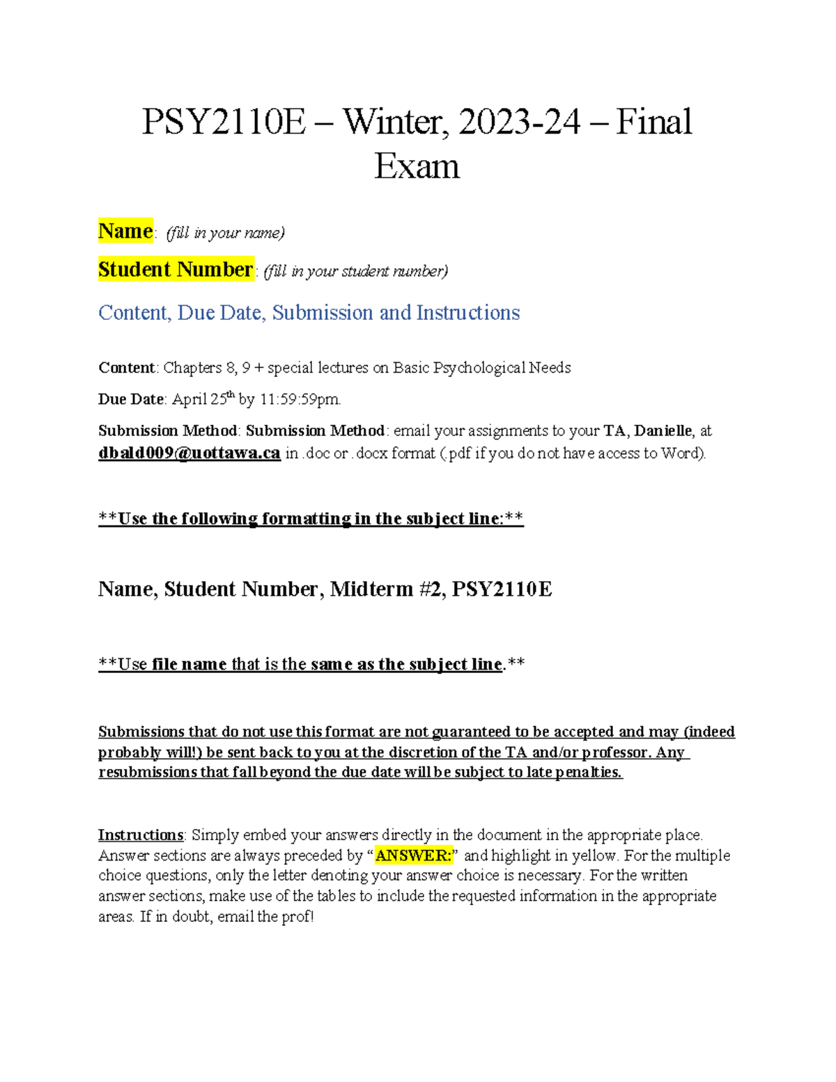 PSY2110E Winter 2023-24 Final Exam Answer Key and Guidelines - Studocu