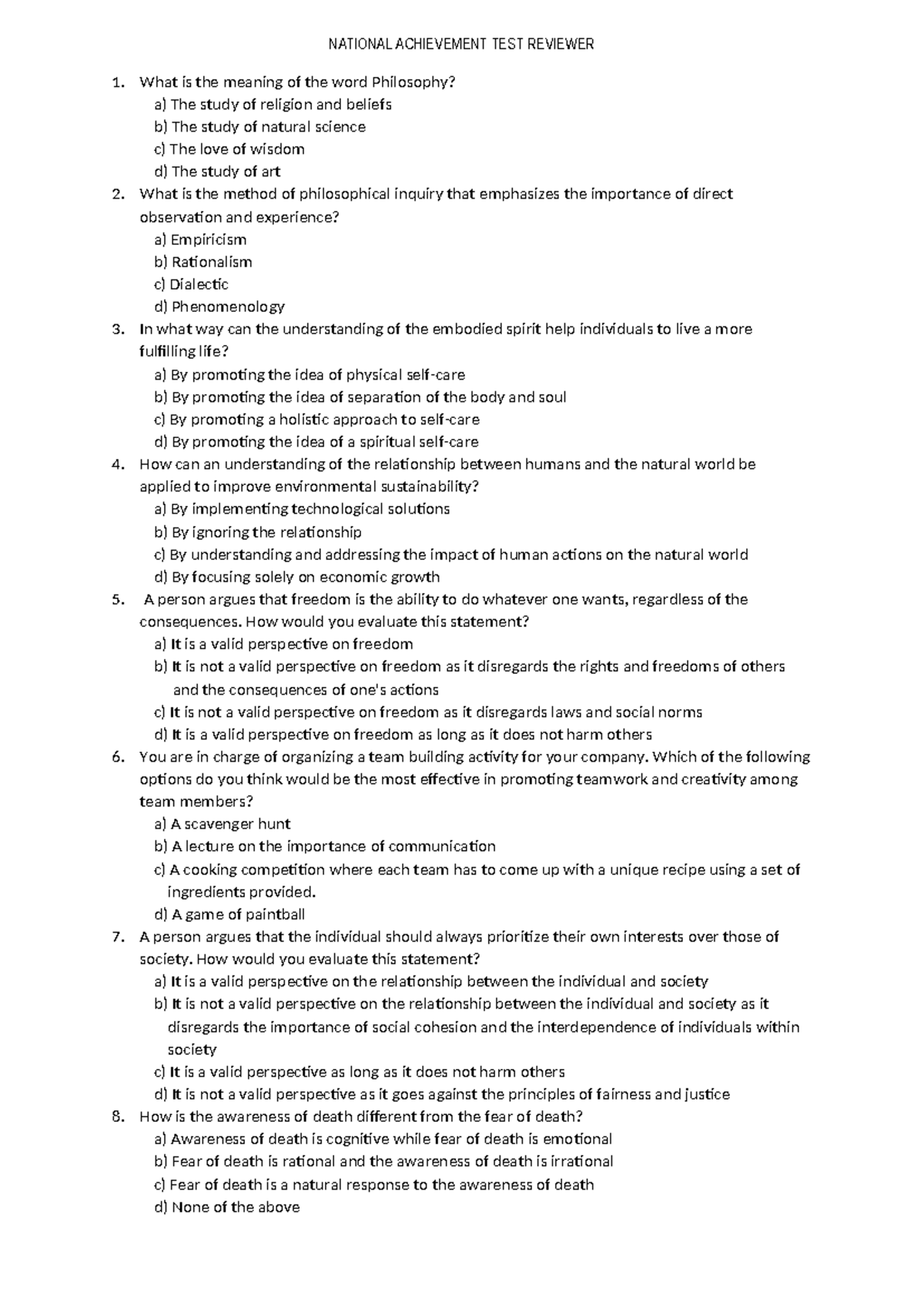 Philosophy 101 - National Achievement Test Review Guide - Studocu
