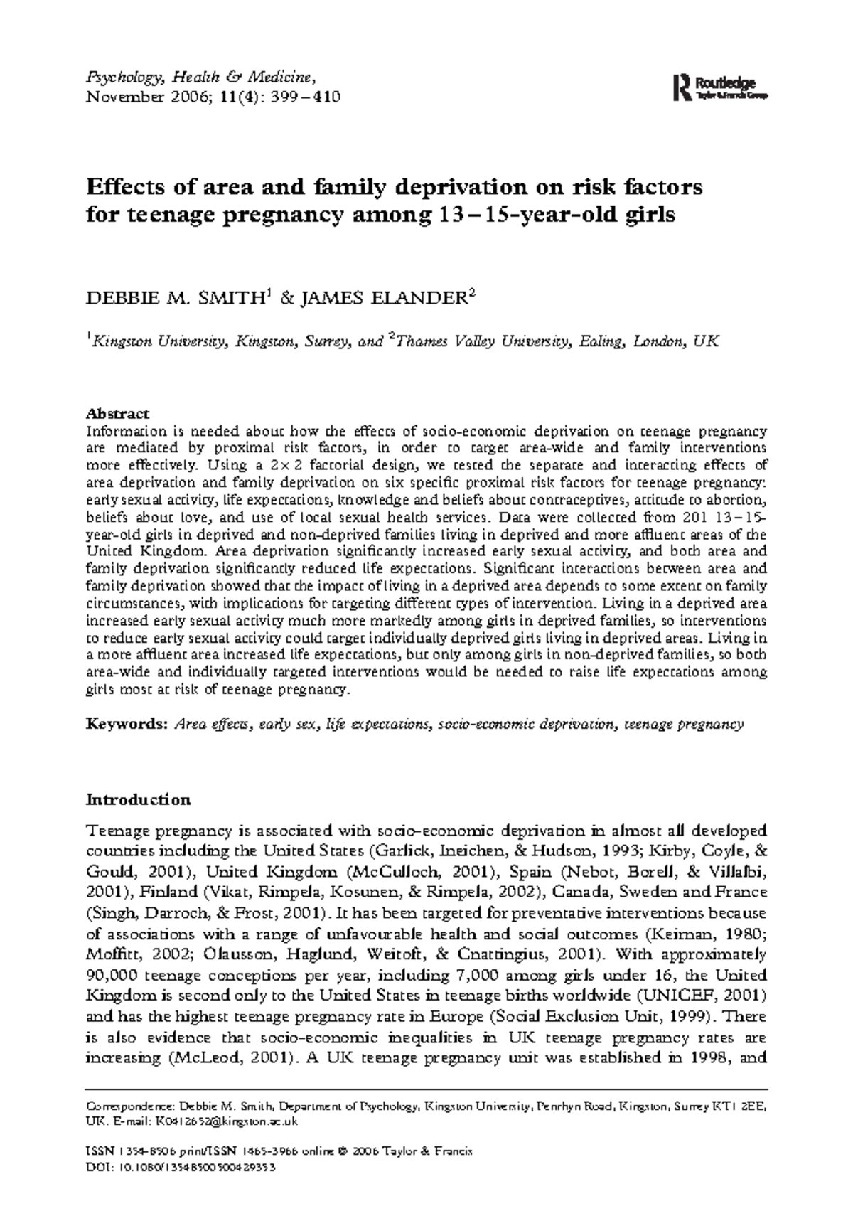 UK2 - Risk Factors for Teenage Pregnancy: Area & Family Deprivation ...