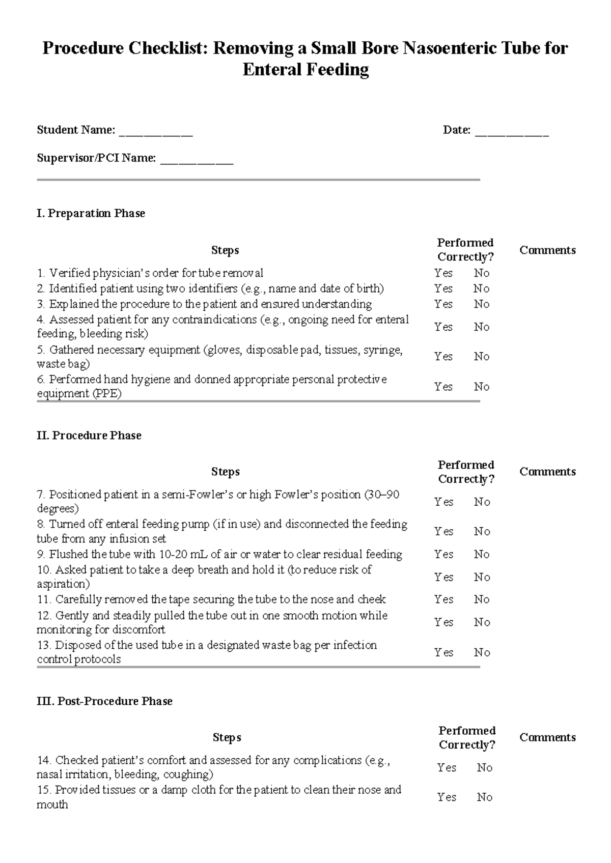 Checklist for Removing Small Bore Nasoenteric Tube for Enteral Feeding ...