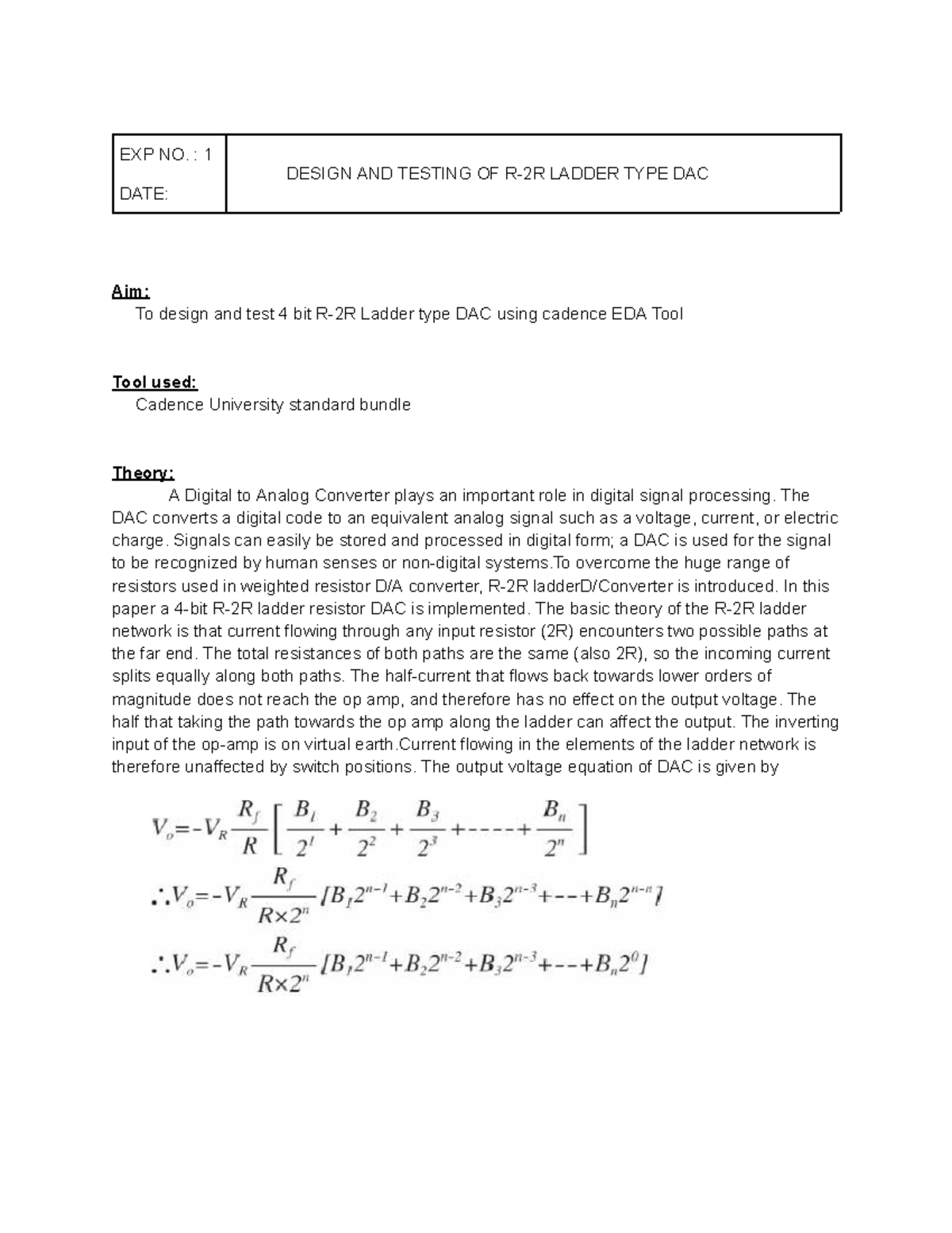 EXP NO. 1: Design & Testing of Ladder Type DAC Using Cadence EDA Tool ...