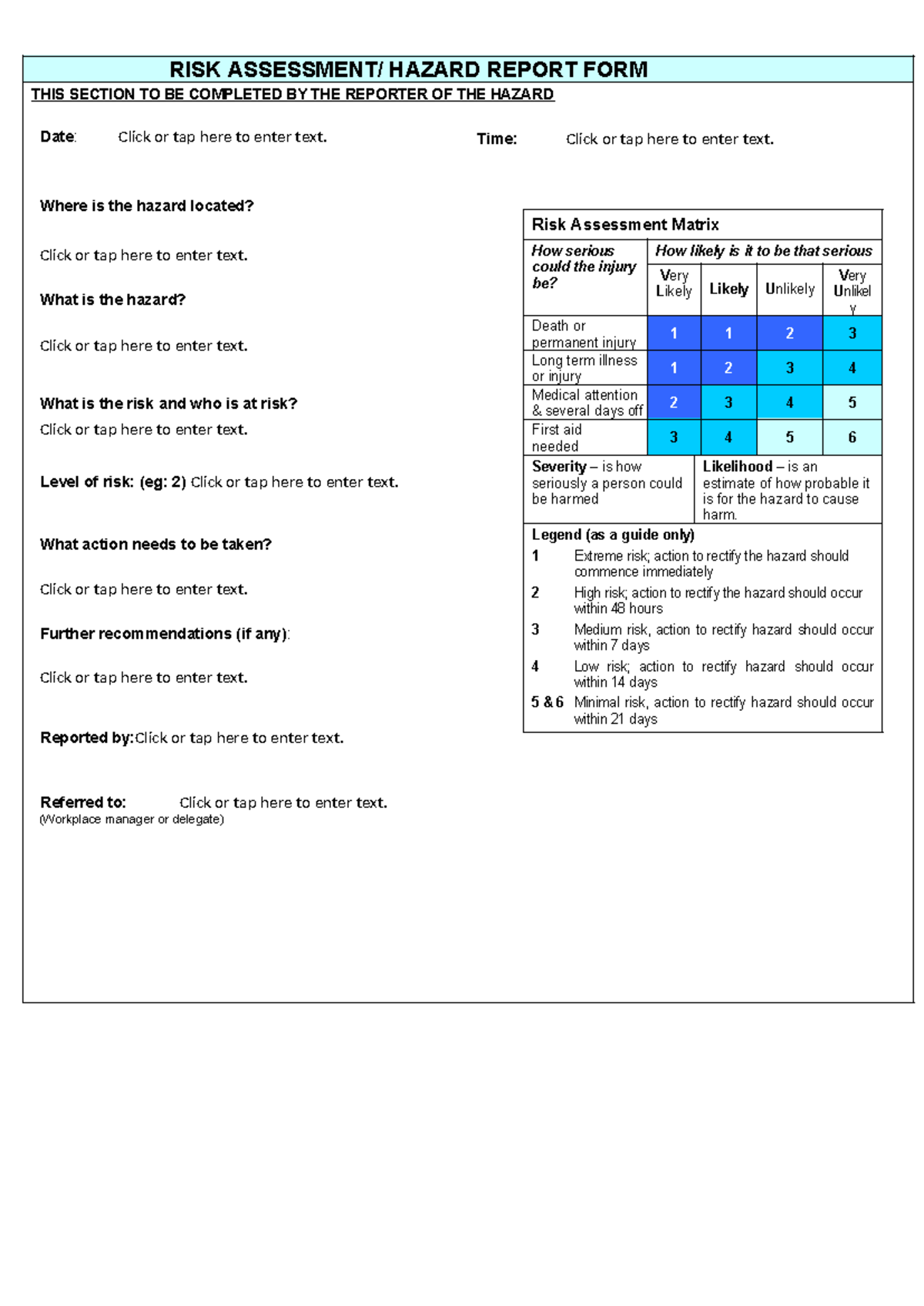 Risk Assessment Hazard form - RISK ASSESSMENT/ HAZARD REPORT FORM THIS ...