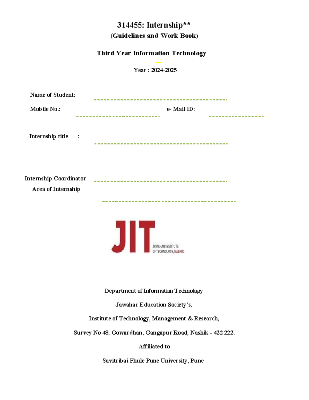 TE- IT Internship Workbook - 314455: Internship** (Guidelines and Work ...