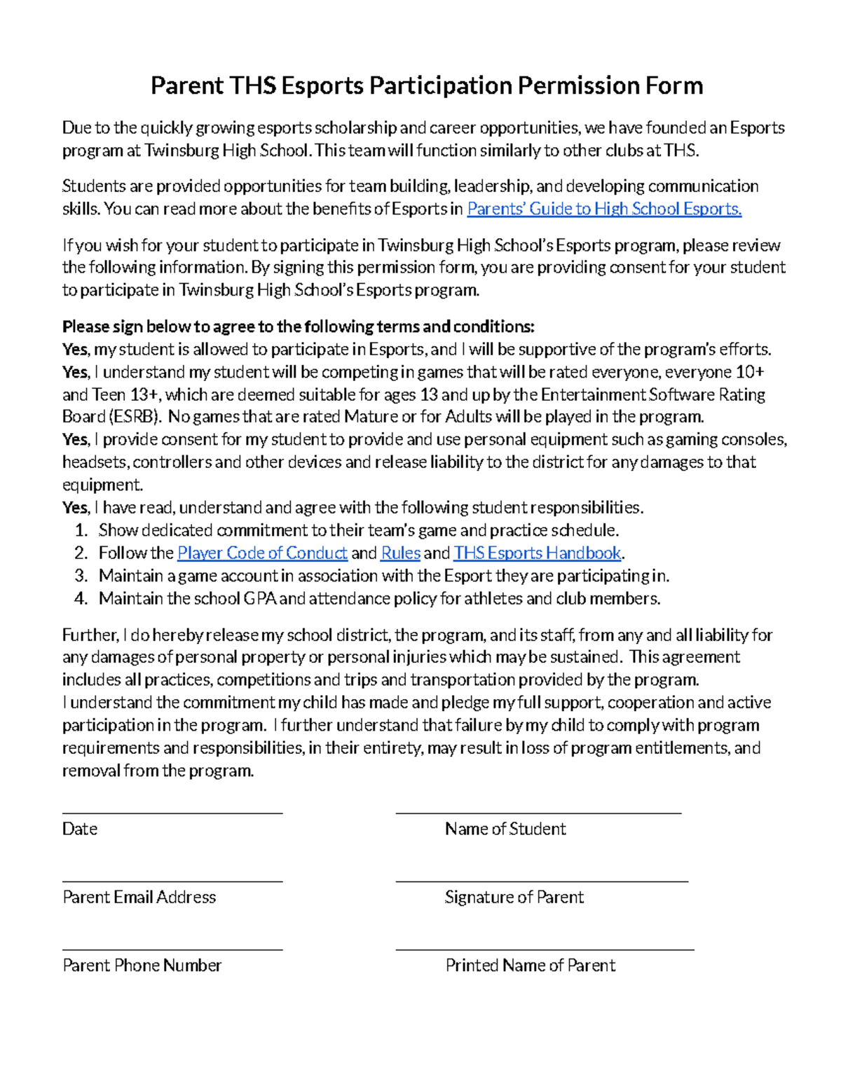 THS Esports Parent Permission Form for 2024-25 Participation - Studocu