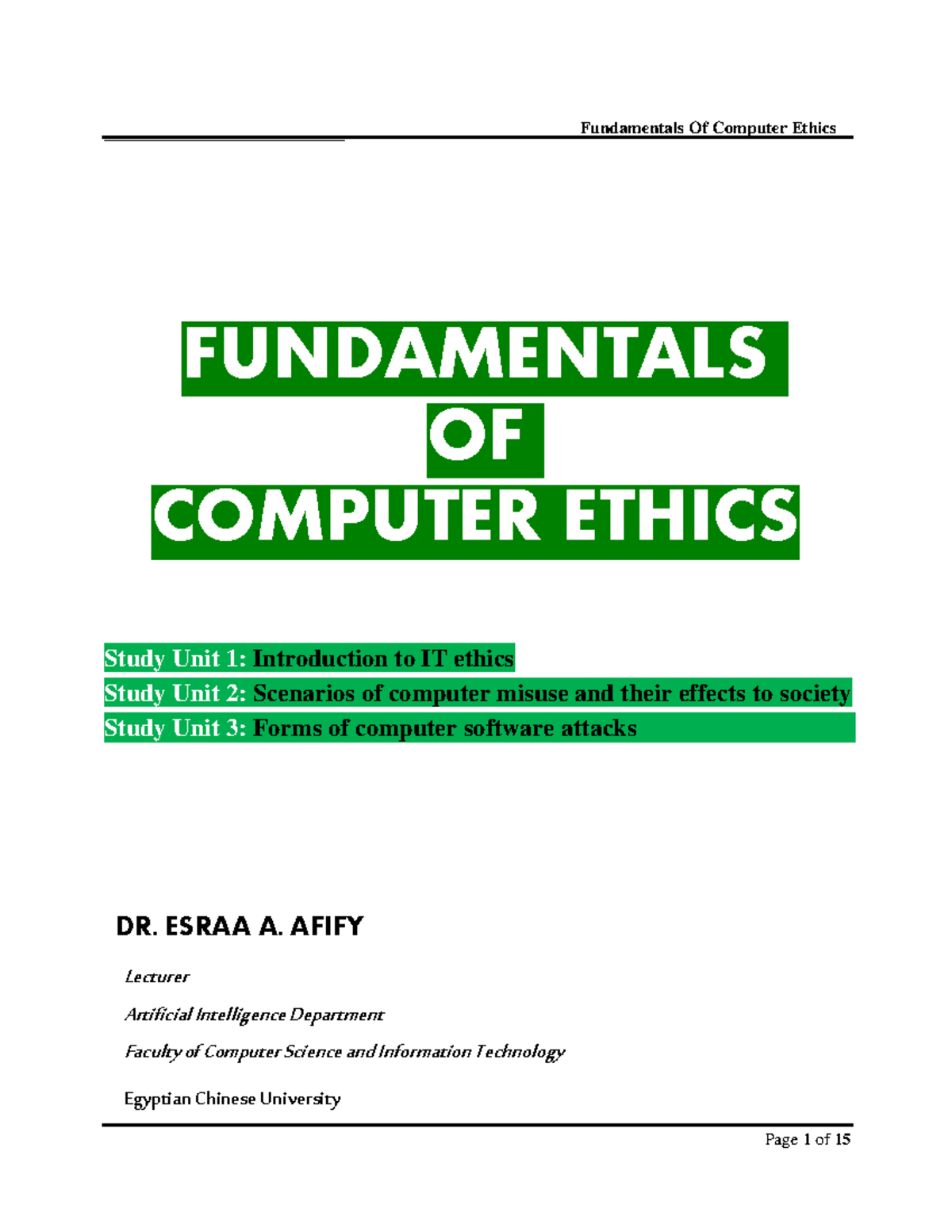 Fundamentals of Computer Ethics - FUNDAMENTALS OF COMPUTER ETHICS Study ...