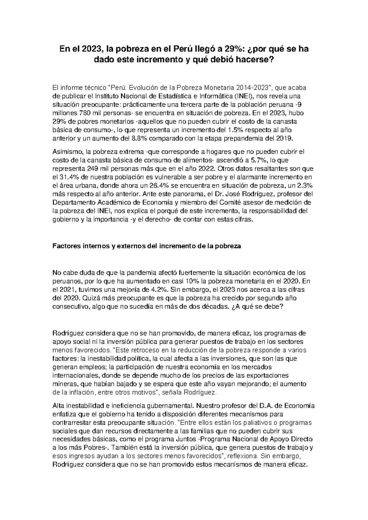 Evolución de la Pobreza en Perú 2023: Análisis y Recomendaciones - Studocu