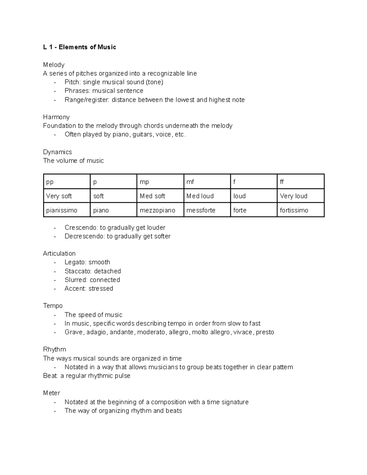 MU - Notes - L 1 - Elements of Music Melody A series of pitches ...