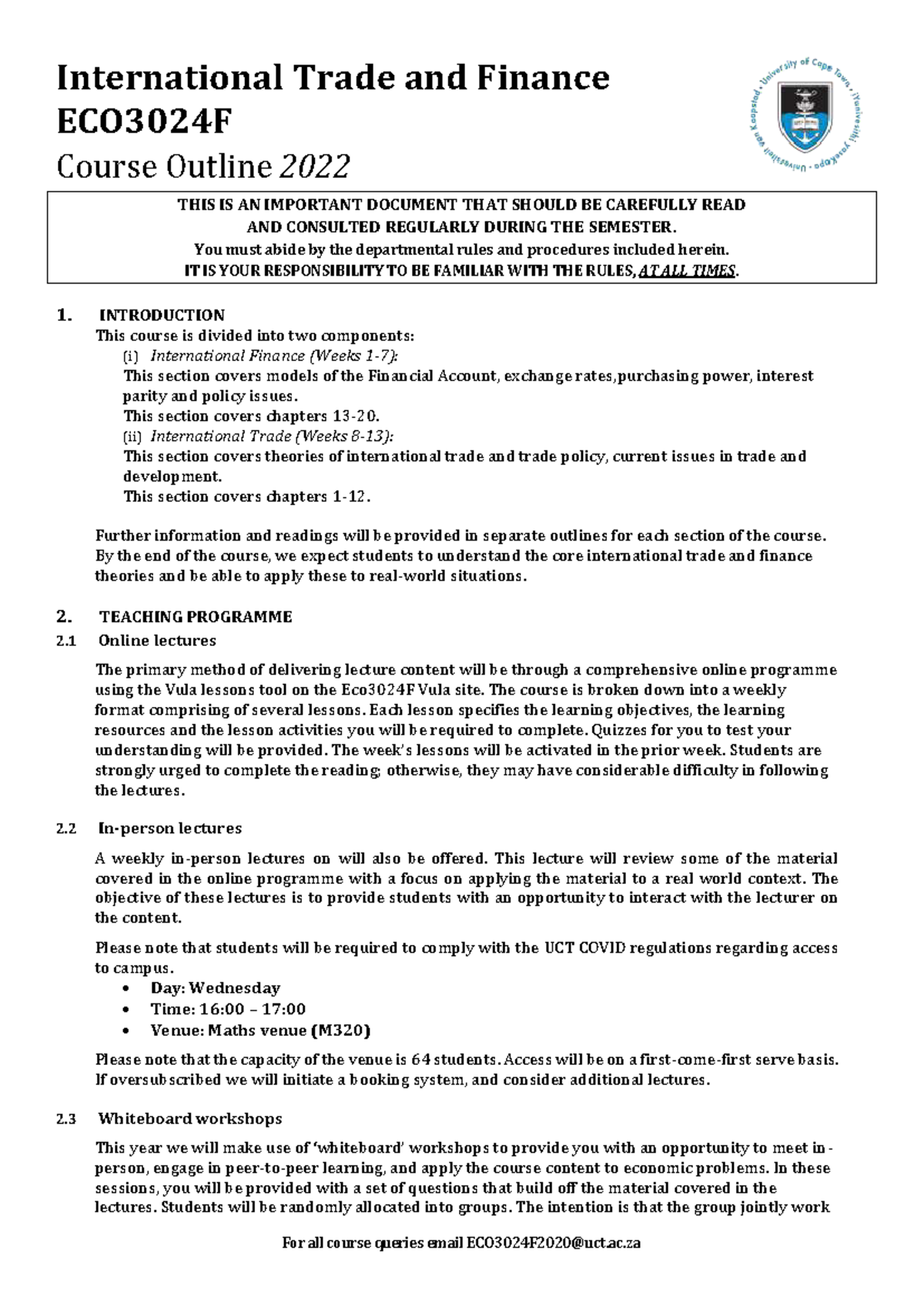 ECO3024F International Trade and Finance Course Outline 2022 - Studocu