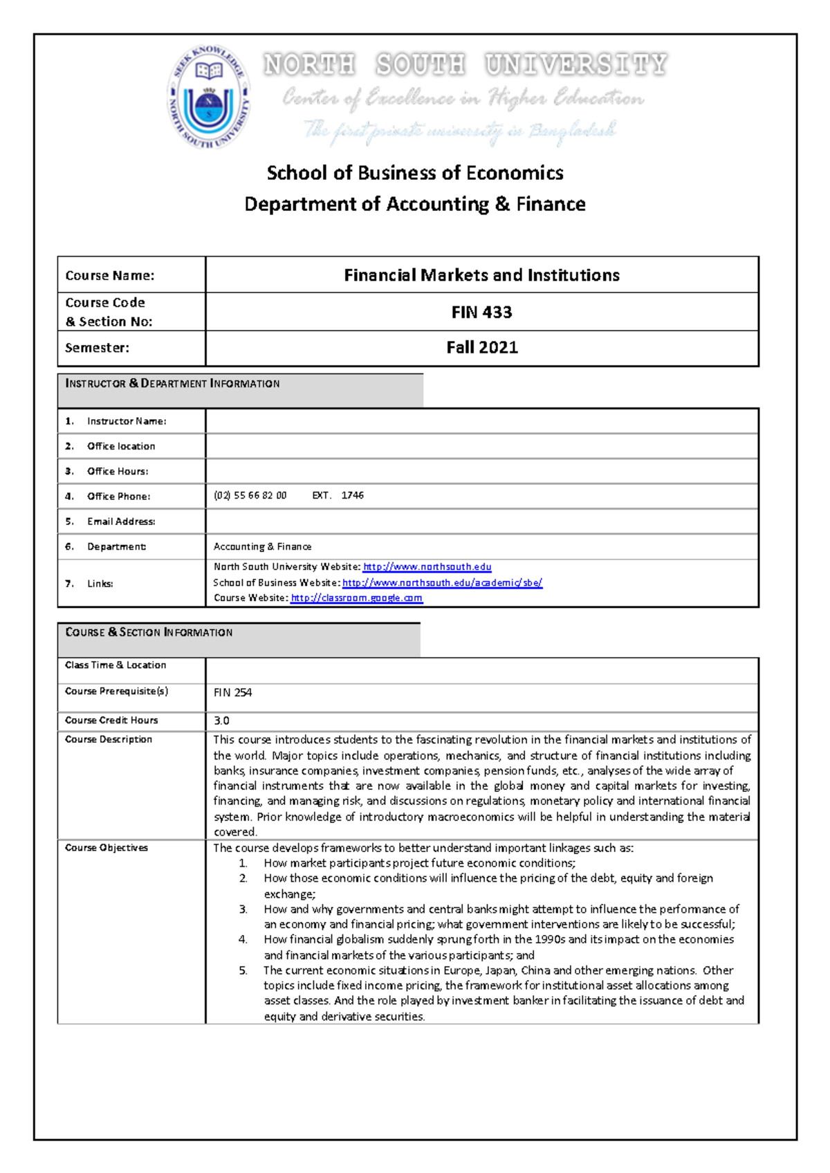 FIN 433 Course Outline: Financial Markets and Institutions Overview ...