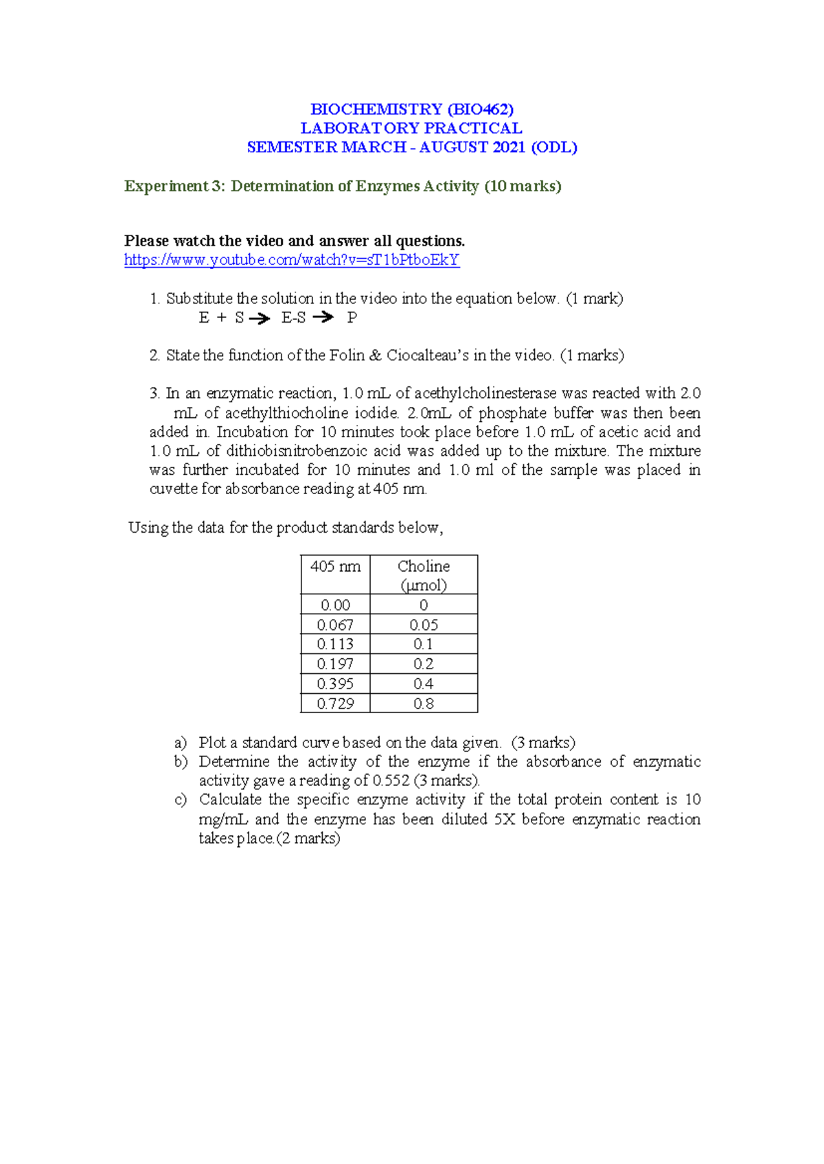 LAB 3 BIO462 - Enzymatic Activity Determination Report - Studocu