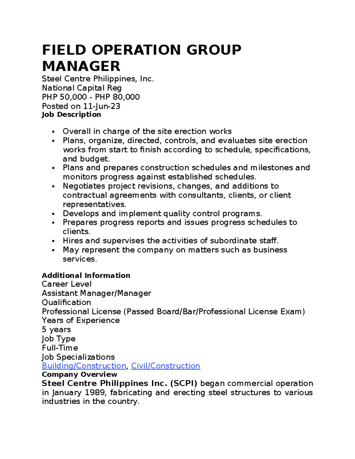 Field Operation Group Manager Job Description - Steel Centre, PH - Studocu