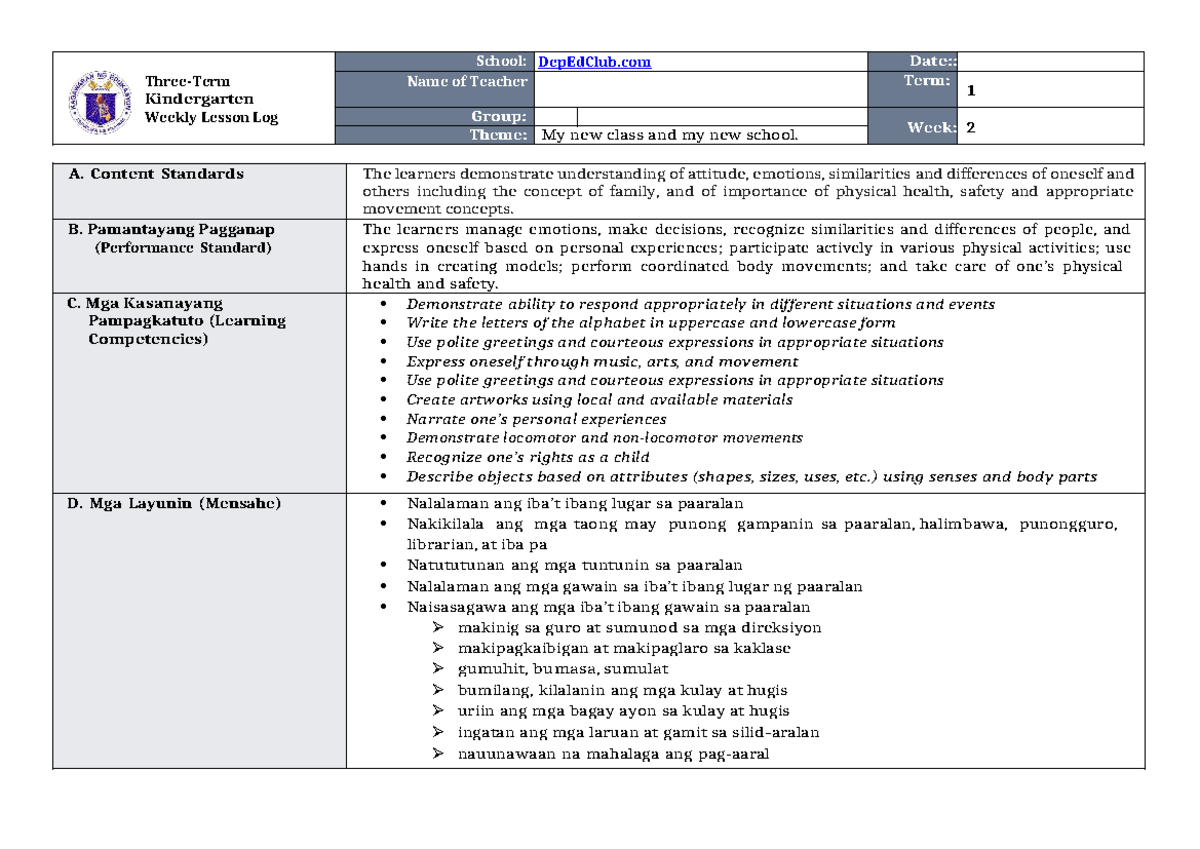 DTC-DLL Kindergarten Weekly Lesson Log: Term 1, Week 2 - Studocu