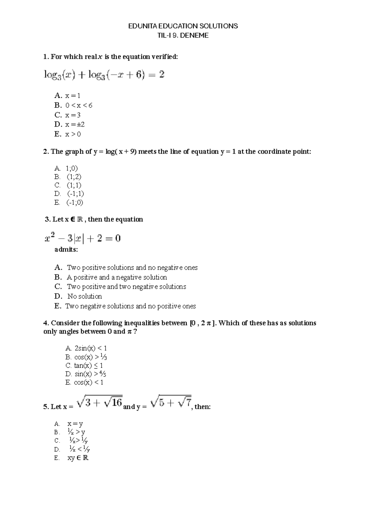 EDUNITA EDUCATION SOLUTIONS 9. DENEME 1: Math & Logic Practice - Studocu