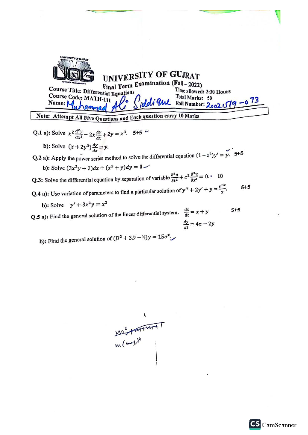 Differential Equations UOG Final Term Exam (Fall 2022) - Studocu