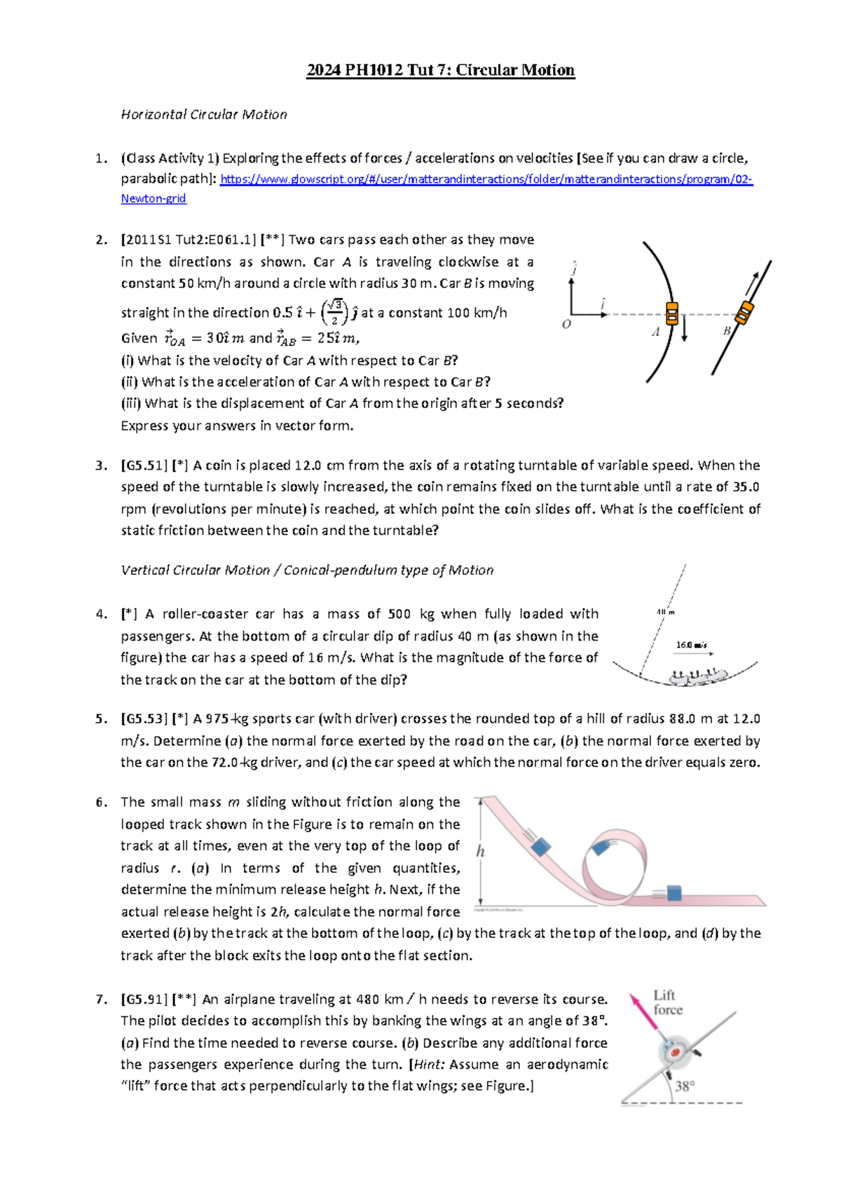 2024 PH1012 Tut 7 - Circular Motion Concepts and Problems - Studocu