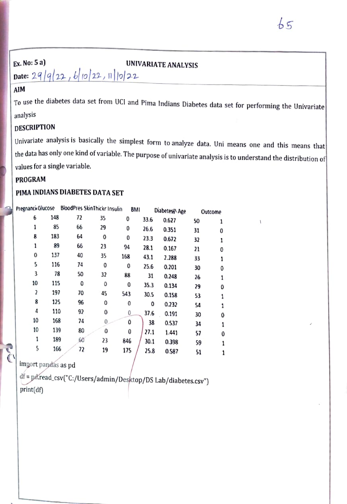 Experiment NO.20 A,B   Ex. No 20 a Date To use the diabetes data ...