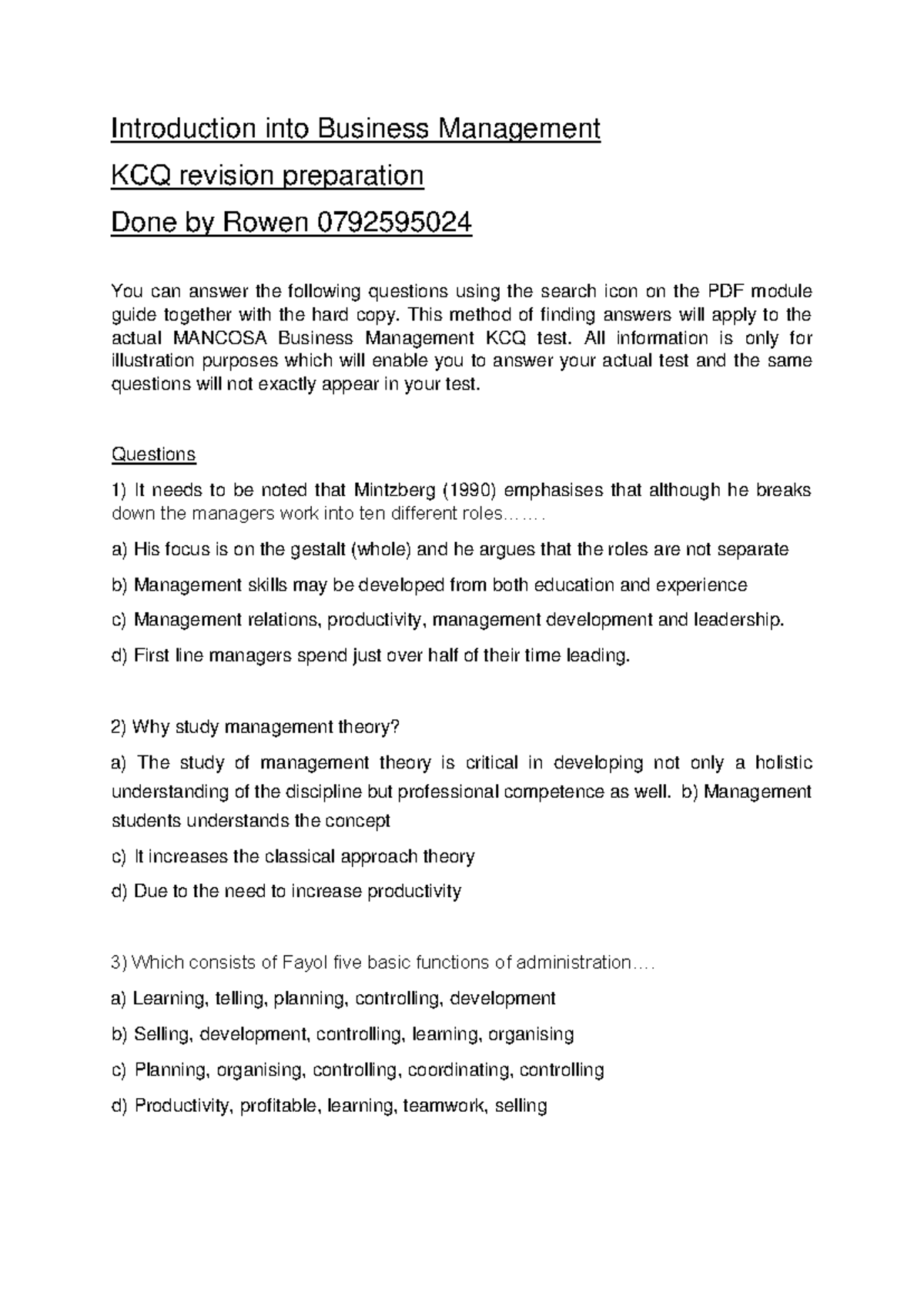 Introduction to Business Management KCQ Revision Notes - Studocu