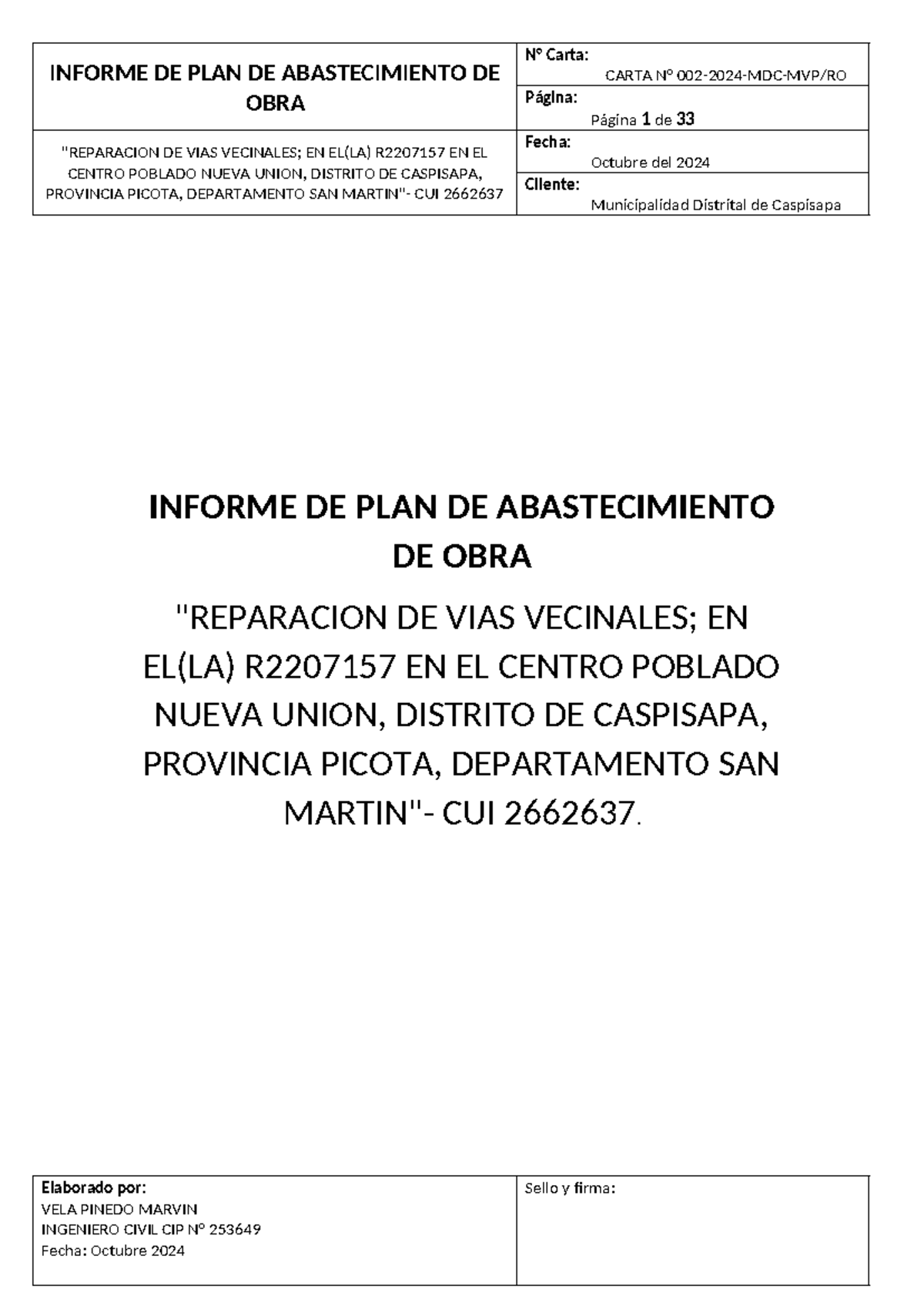 Informe del Plan de Abastecimiento para la Obra R2207157 - 2024 - Document Preview