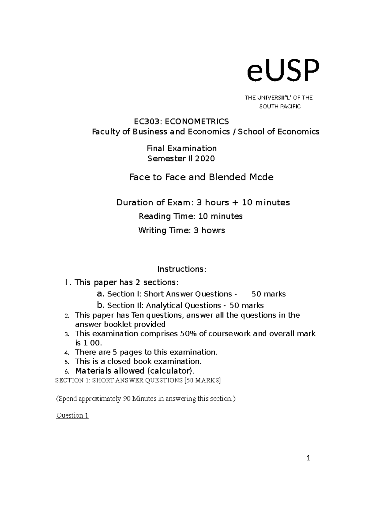 EC303: Econometrics Final Exam Semester II 2020 Guide - Studocu