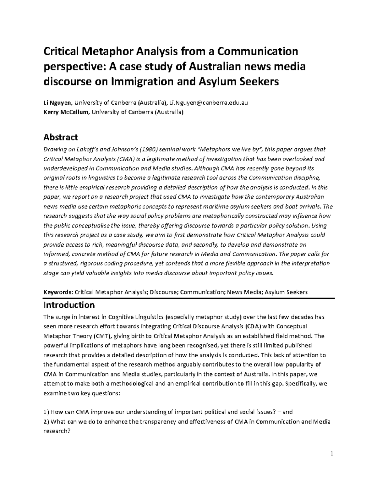 Summary course of material Critical Metaphor Analysis from a Commun ...