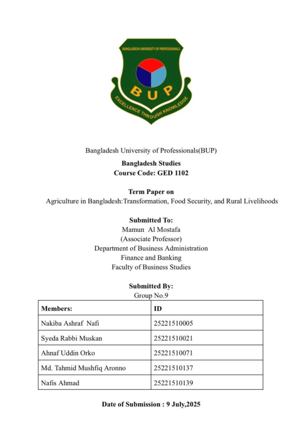 BDS GED Term Paper: Agricultural Transformation & Food Security in ...