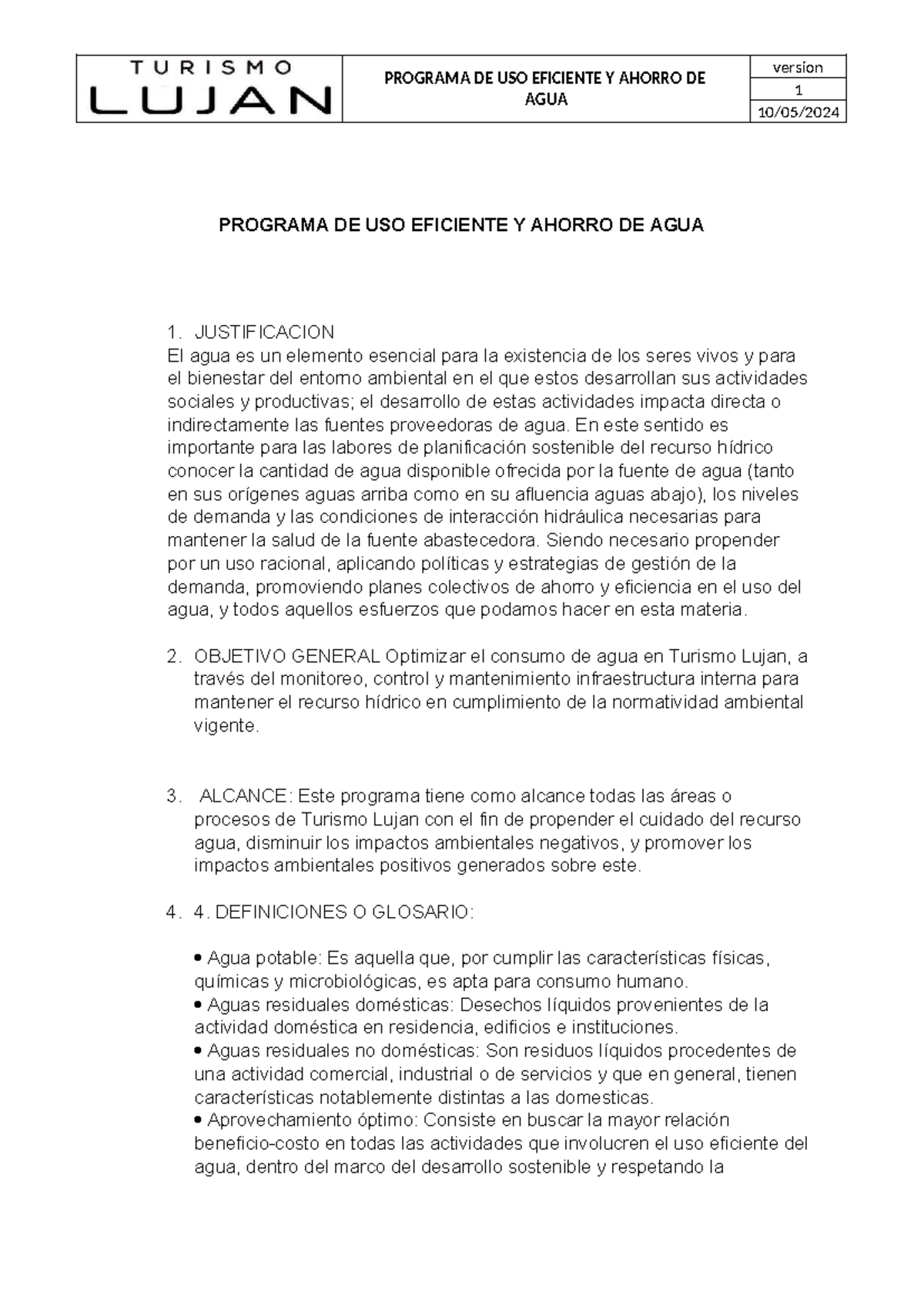 Programa para el Uso Eficiente y Ahorro de Agua en Turismo Luján - Studocu
