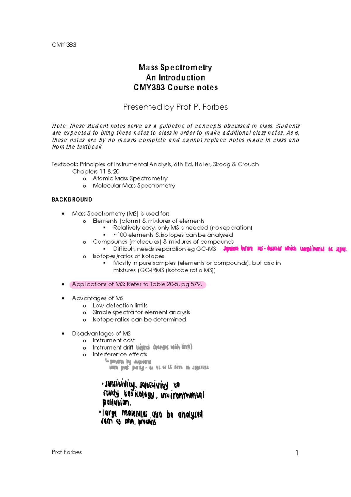 CMY 383 Mass Spectrometry Course Notes by Prof. P. Forbes - Studocu