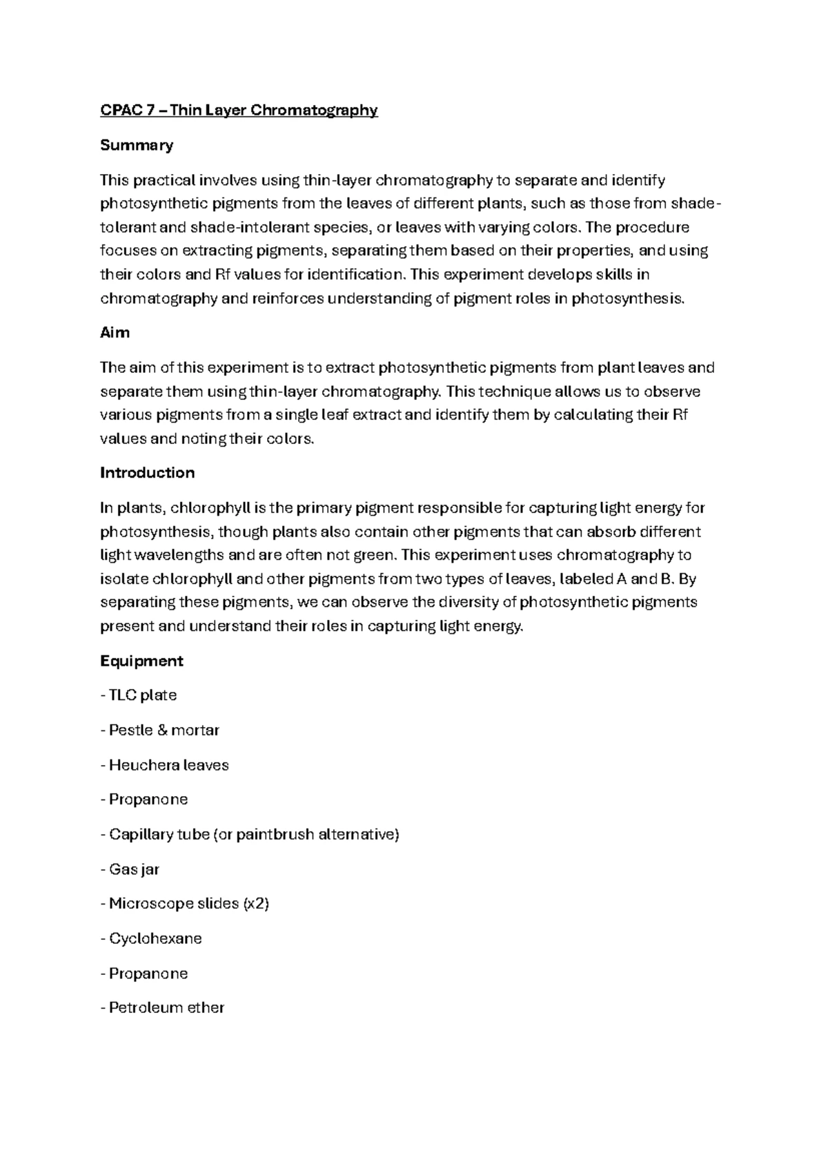 Cpac Plan - Methods & Results for Anion and Cation Testing - Studocu