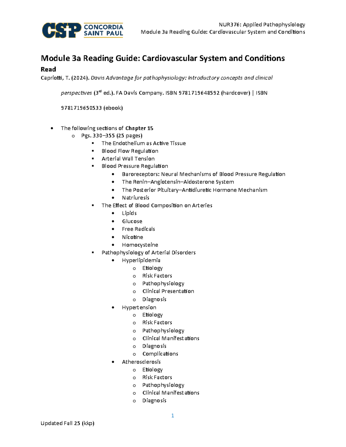 NUR376: Module 3a Reading Guide on Cardiovascular Pathophysiology - Studocu