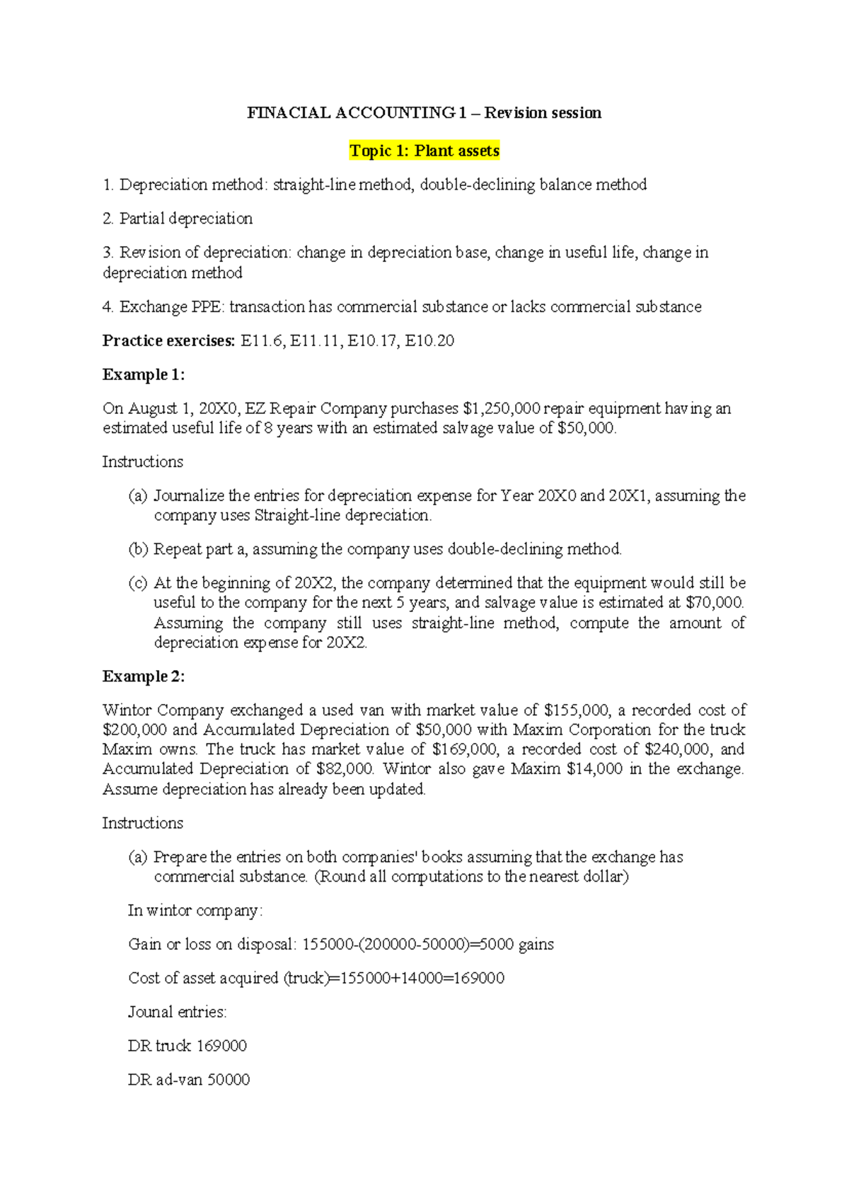 Financial Accounting 1 - Revision for Plant Assets & Receivables - Studocu