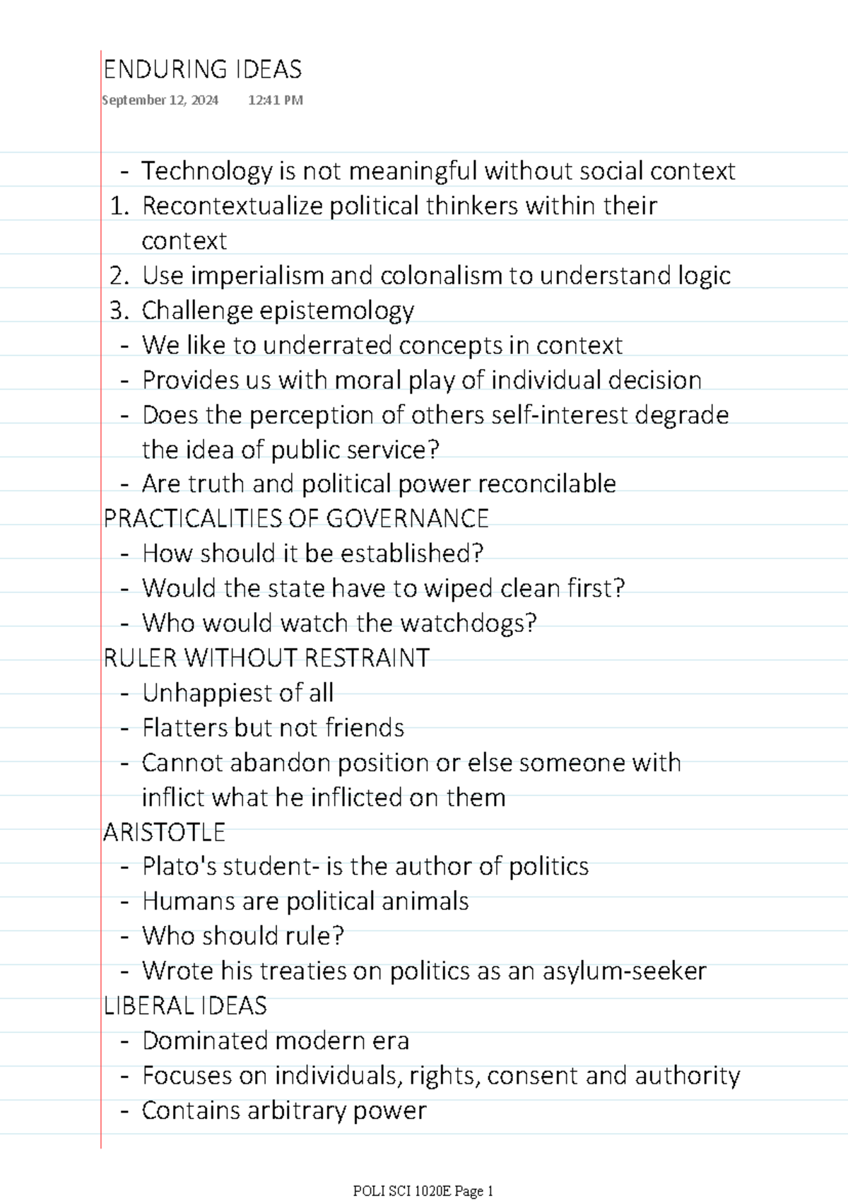 POLI SCI 1020E Enduring Ideas: Key Concepts and Thinkers Notes - Studocu