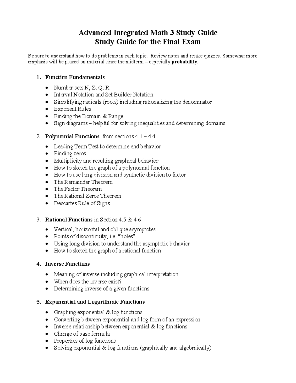 Final Exam Study Guide for Advanced Integrated Math 3 (AIM3) 2024 - Studocu