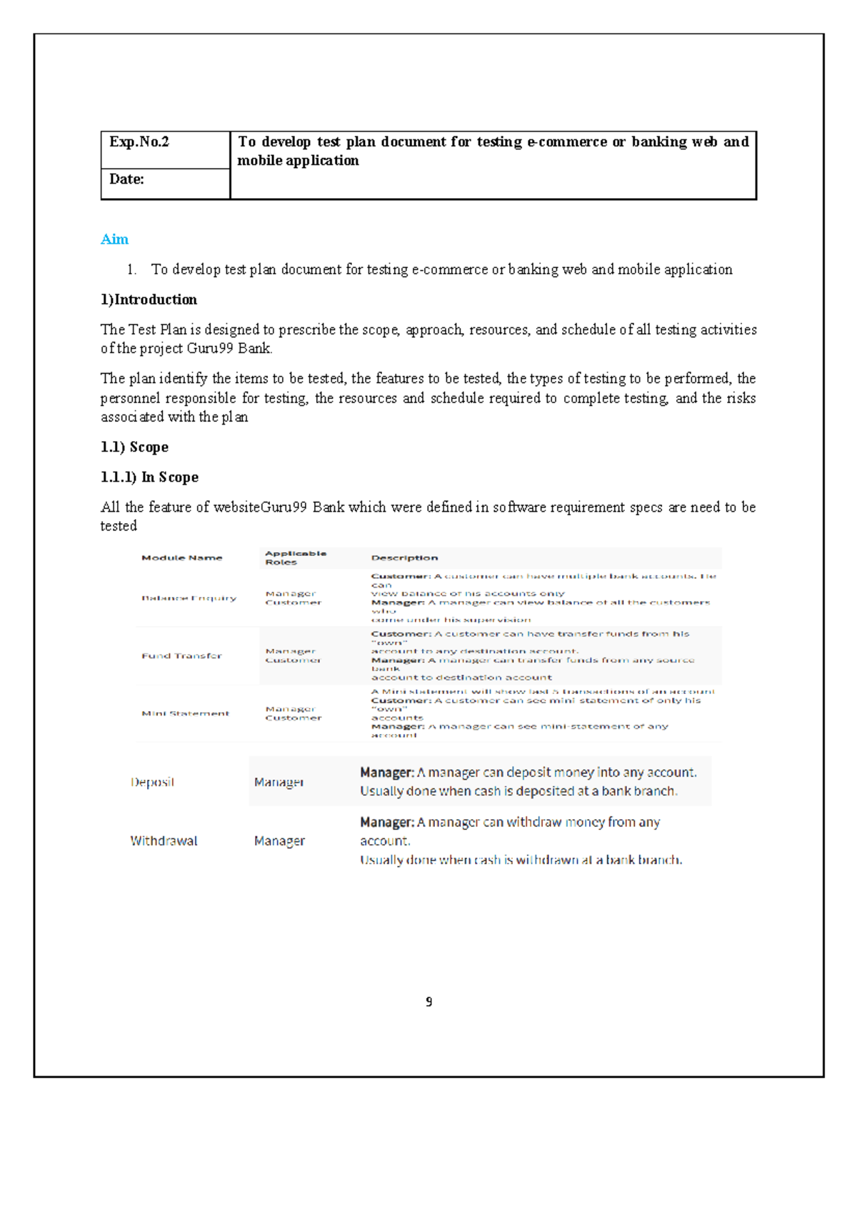 Sta lab - Software testing lab - Exp.No To develop test plan document ...