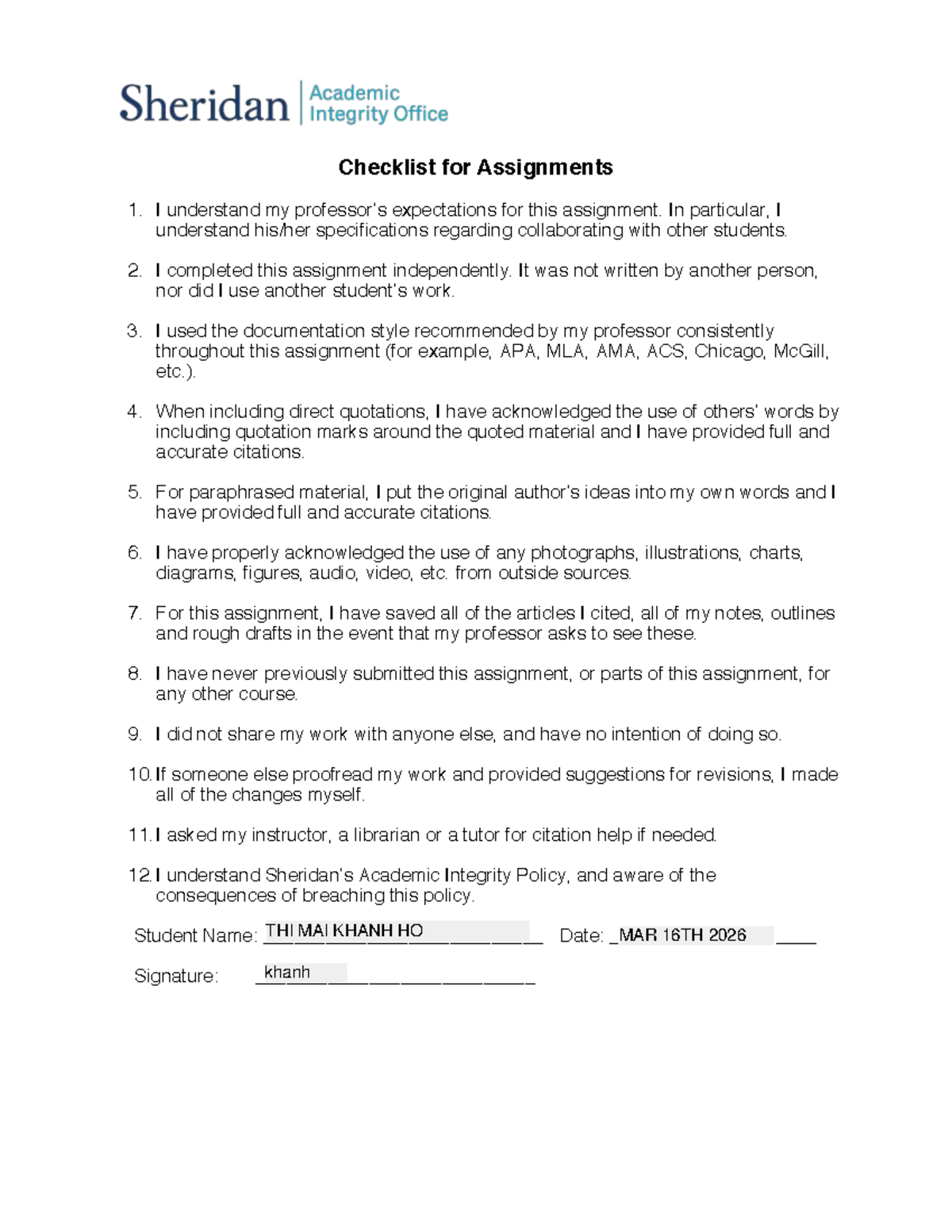 Academic Integrity Checklist for Assignments - Studocu
