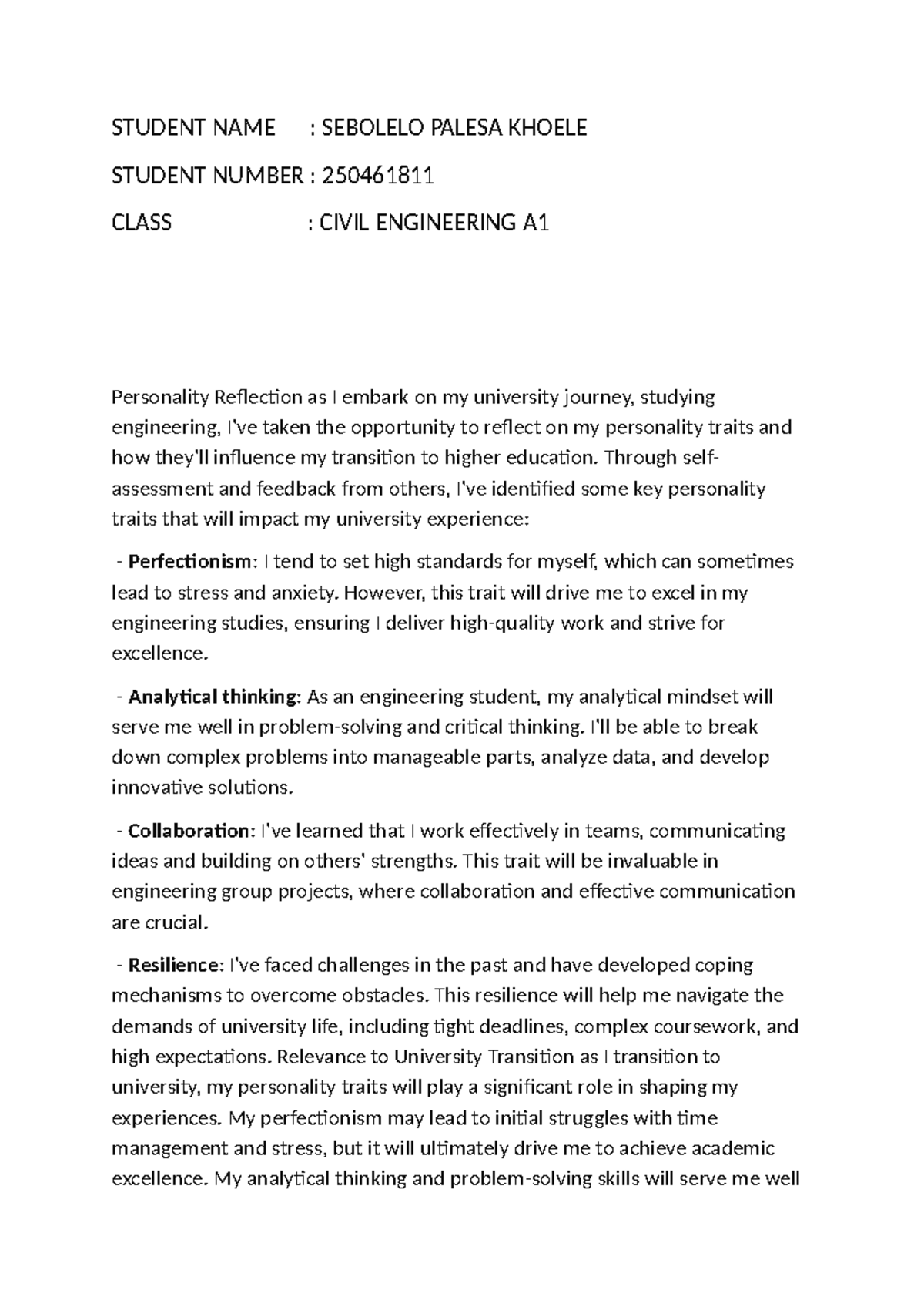 CIVIL ENG A: Diversity and Personal Reflection in University Transition ...