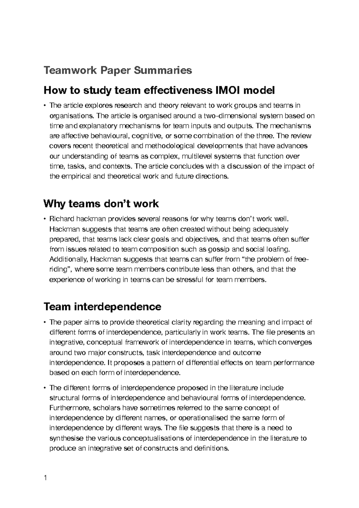 Teamwork IMOI Model Summary and Key Insights - Studeersnel