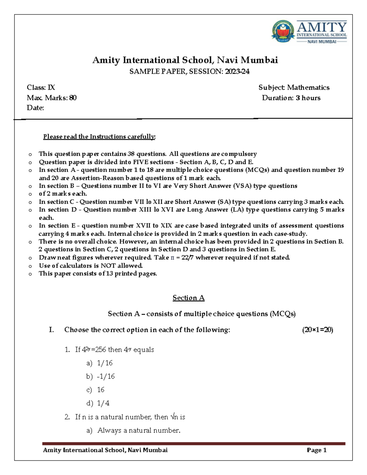 Mathematics Sample Paper for Class IX - Amity Int. School, Navi Mumbai ...