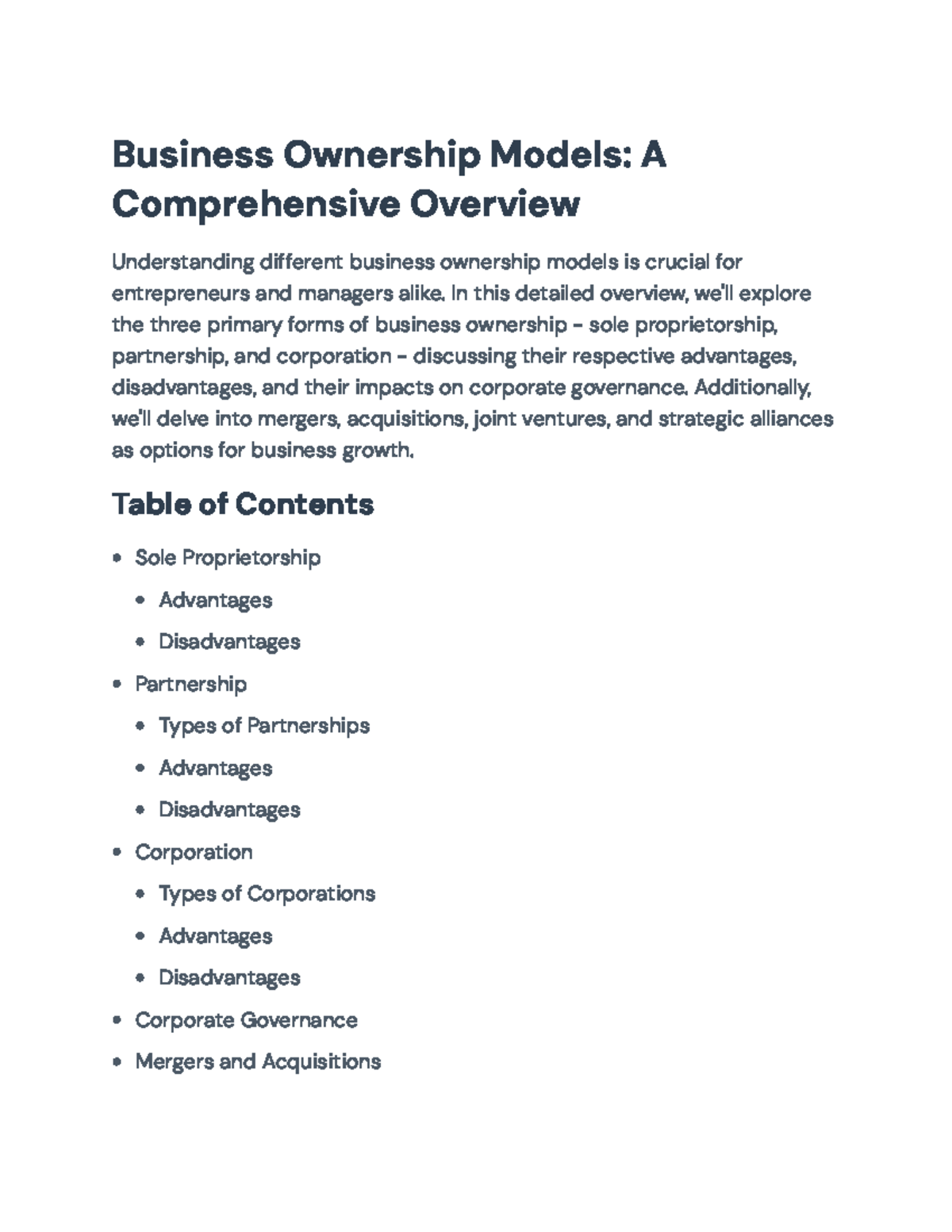 Business Ownership Models: Overview of Forms and Governance - Business ...