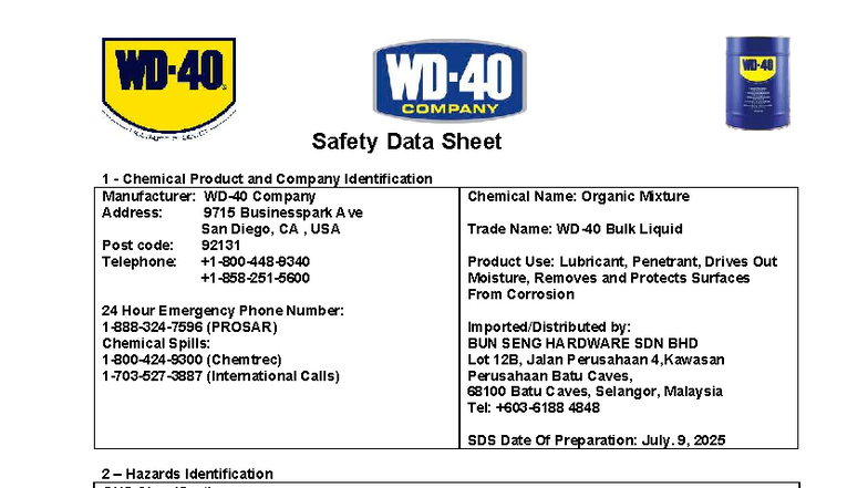 SDS WD-40 Multi-Use Product Bulk - Safety Data Sheet - Studocu