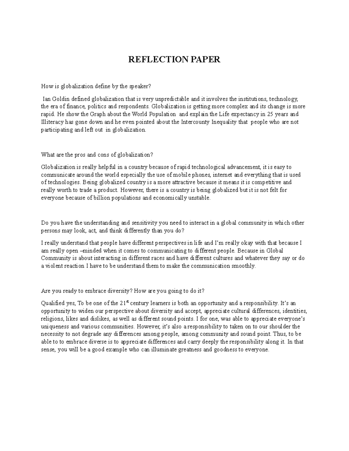 Purposive 1 Reflection Paper - REFLECTION PAPER How is globalization ...