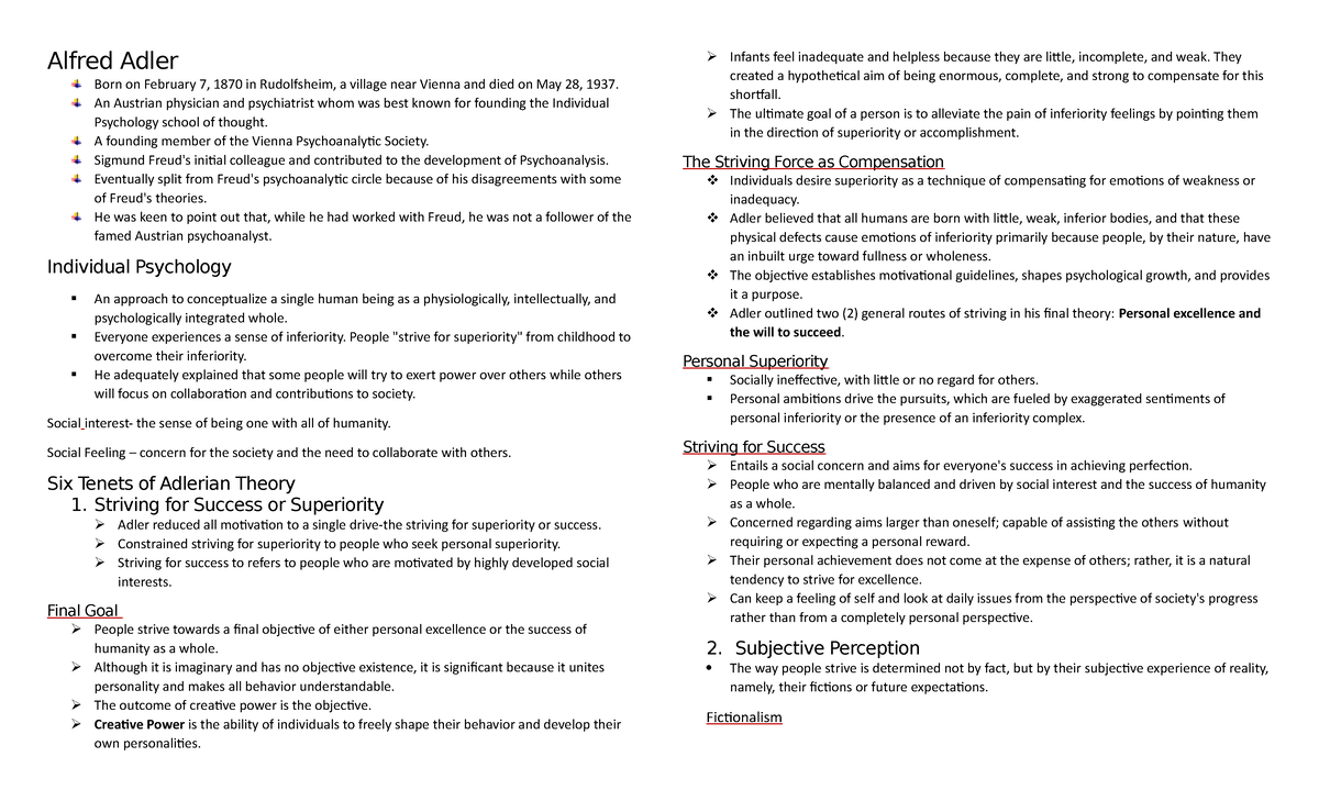 Chapter Summary: Alfred Adler's Individual Psychology Insights - Studocu